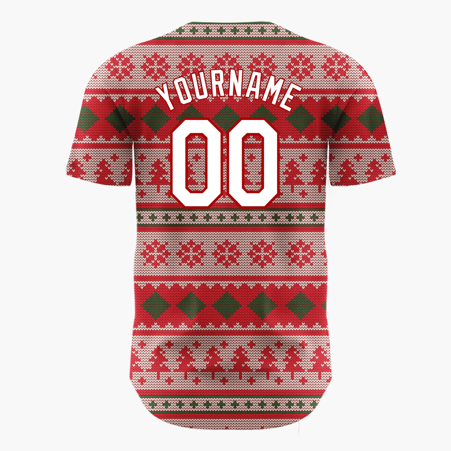 Custom Red Green Trees Diamonds And Snowflakes Festive Knit Pattern Christmas Baseball Jersey