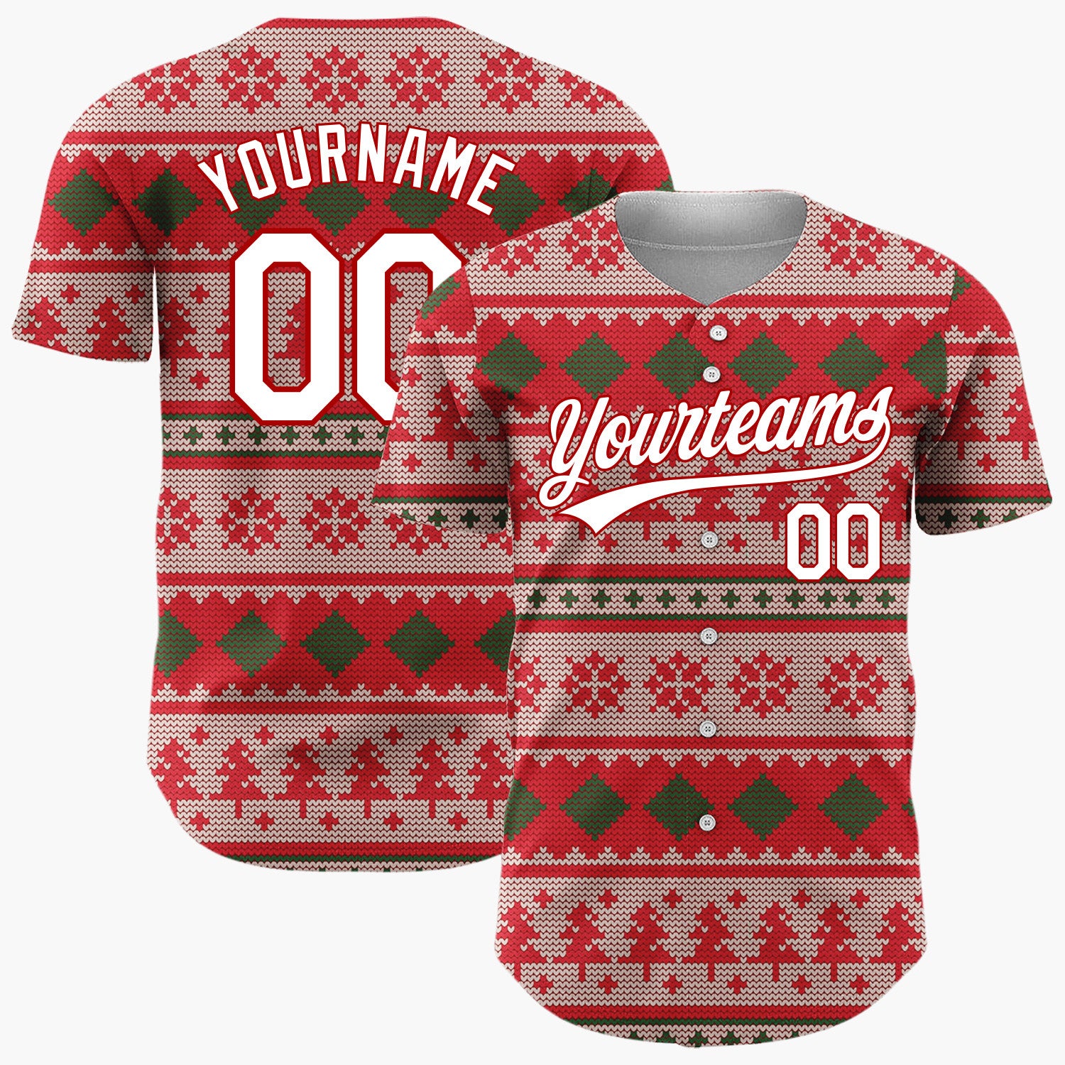 Custom Red Green Trees Diamonds And Snowflakes Festive Knit Pattern Christmas Baseball Jersey