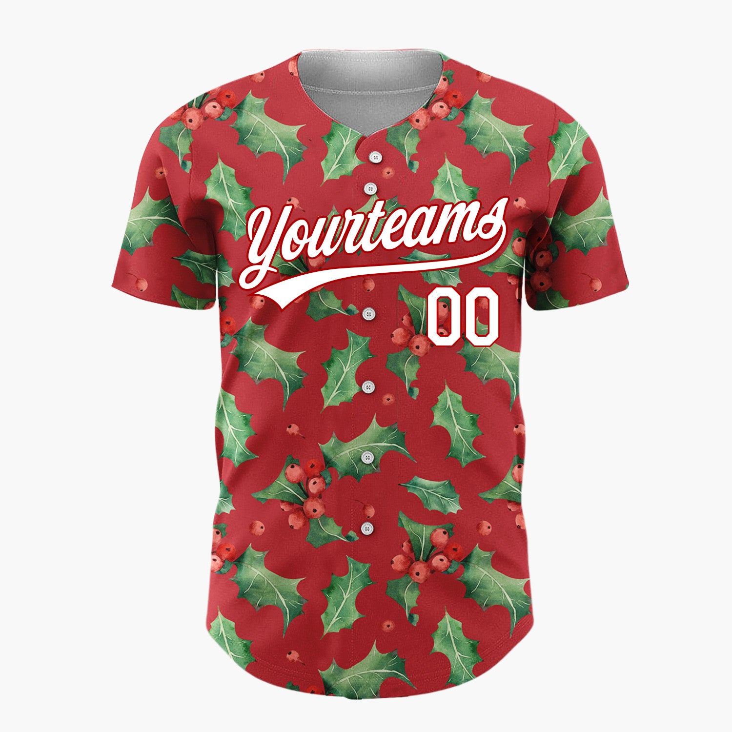 Custom Red Holly Leaves And Berries Watercolor Christmas Baseball Jersey