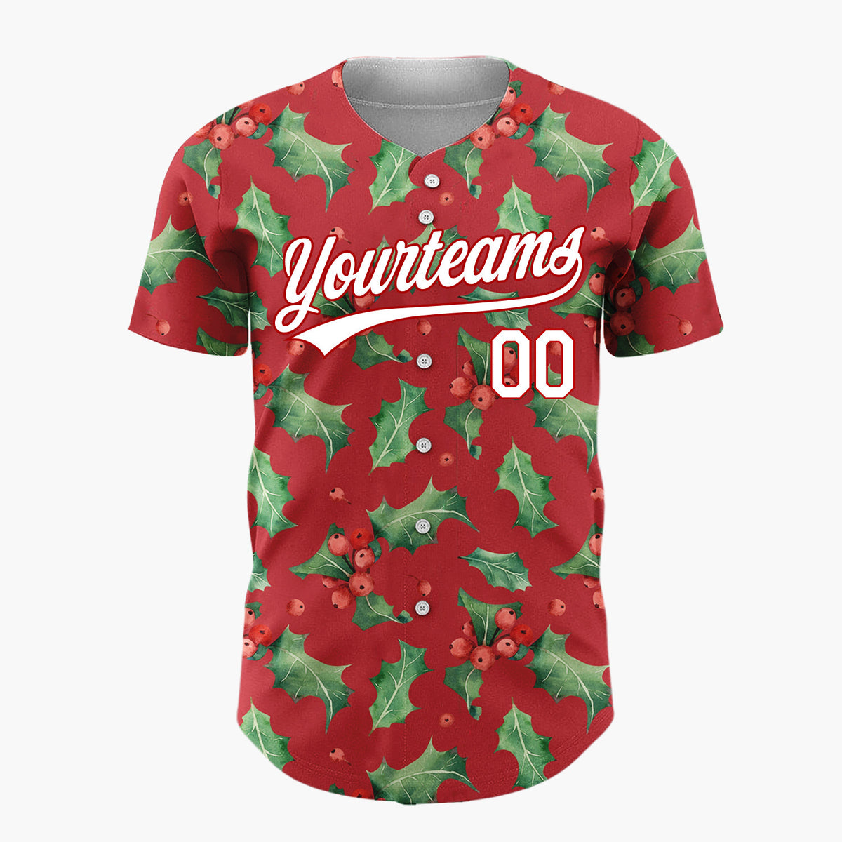 Custom Red Holly Leaves And Berries Watercolor Christmas Baseball Jersey