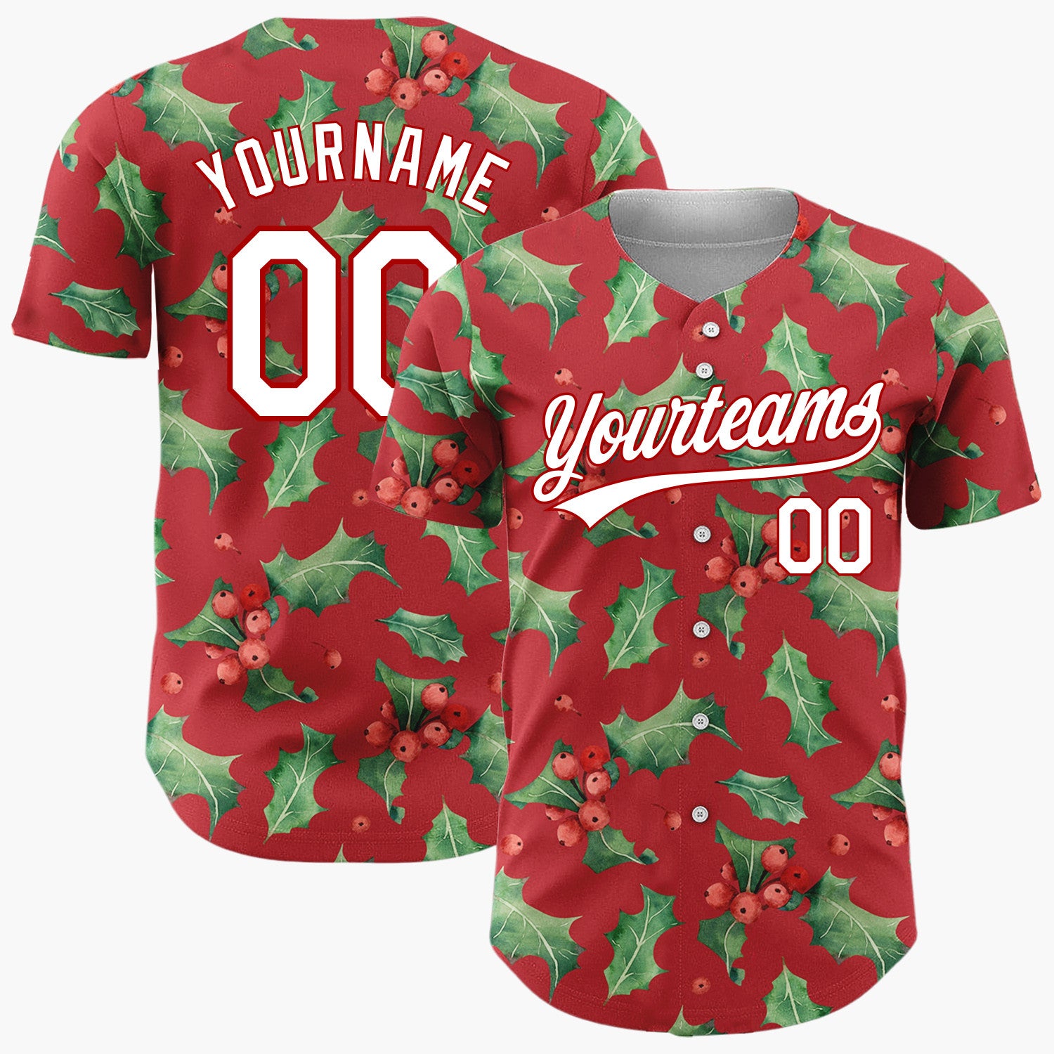 Custom Red Holly Leaves And Berries Watercolor Christmas Baseball Jersey