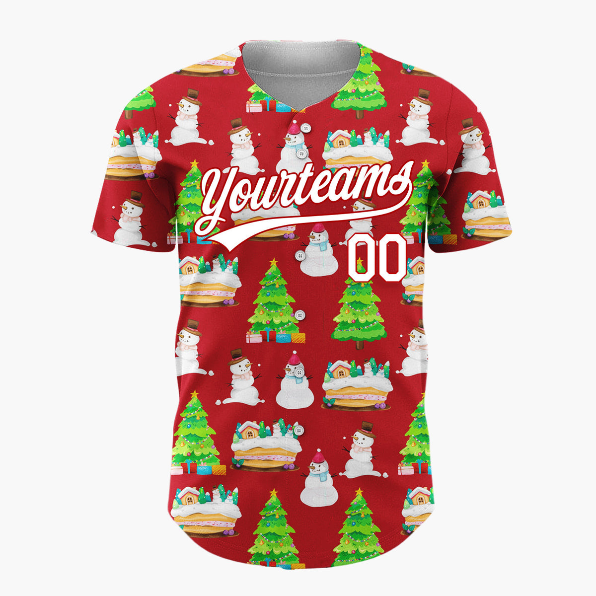 Custom Red Snowman And Cake Whimsical Illustration Pattern Christmas Baseball Jersey