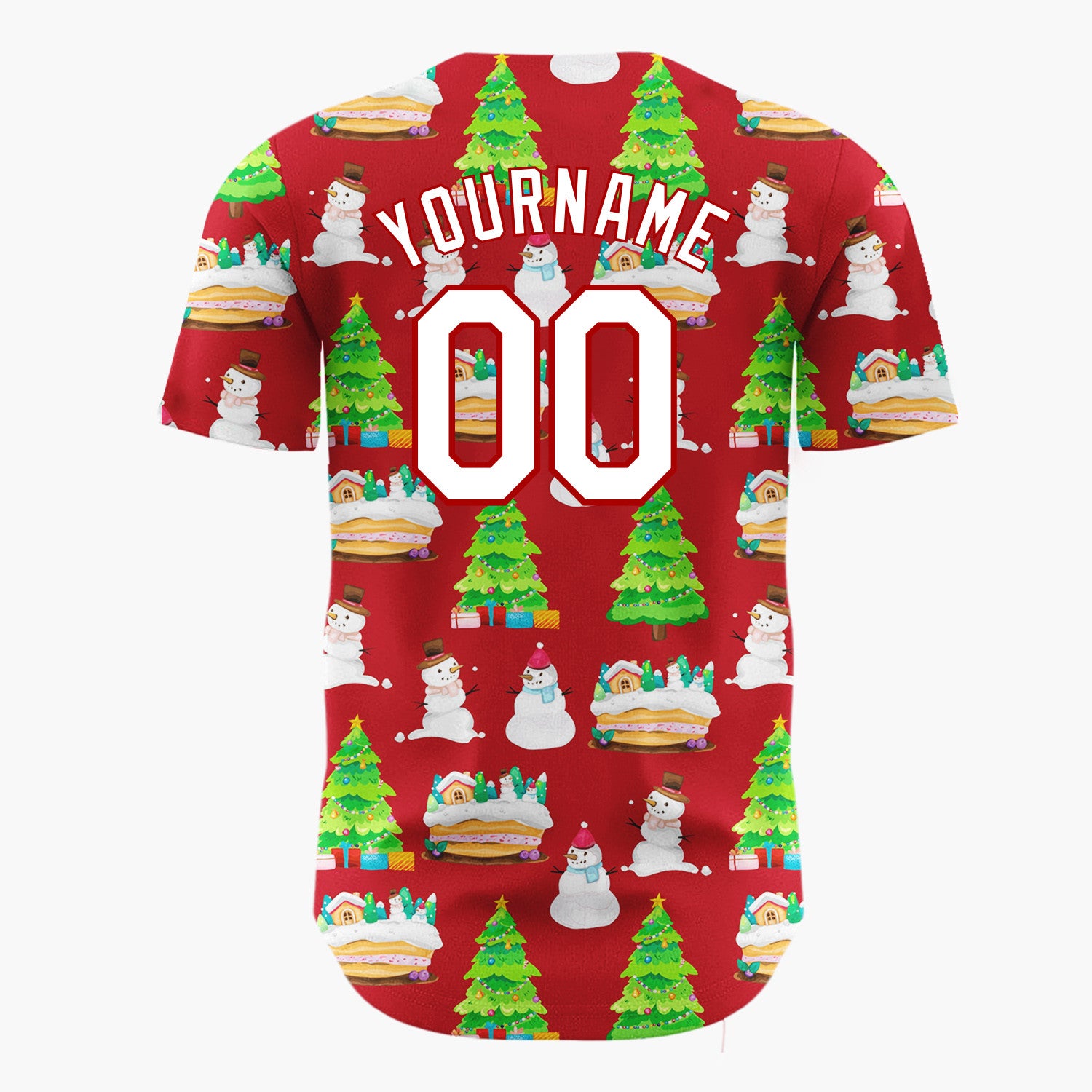 Custom Red Snowman And Cake Whimsical Illustration Pattern Christmas Baseball Jersey