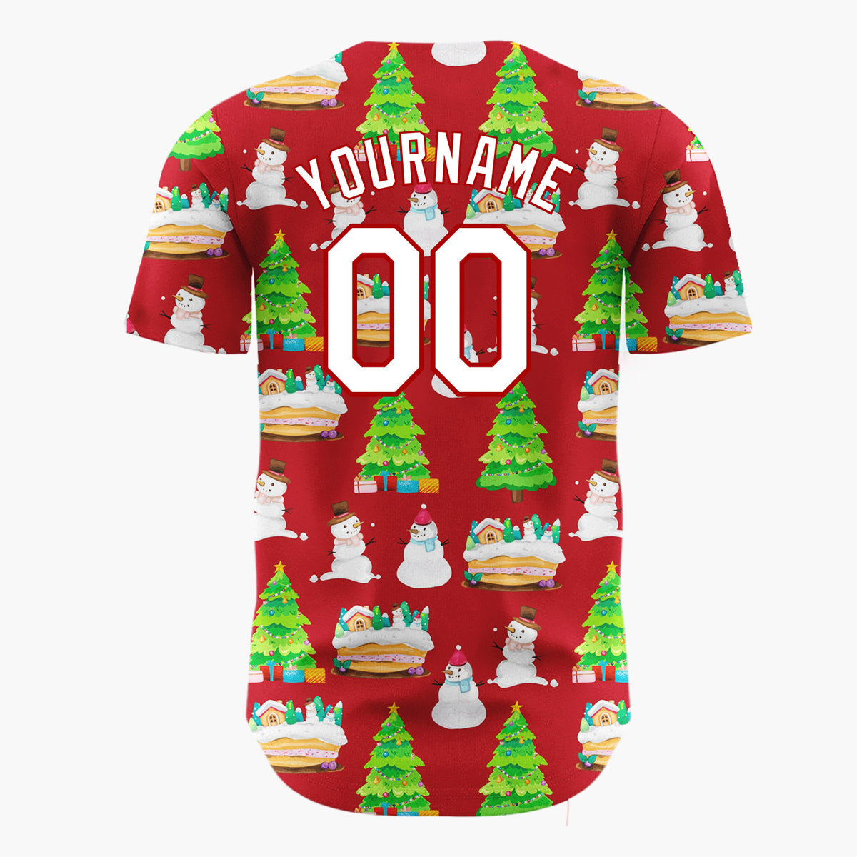 Custom Red Snowman And Cake Whimsical Illustration Pattern Christmas Baseball Jersey