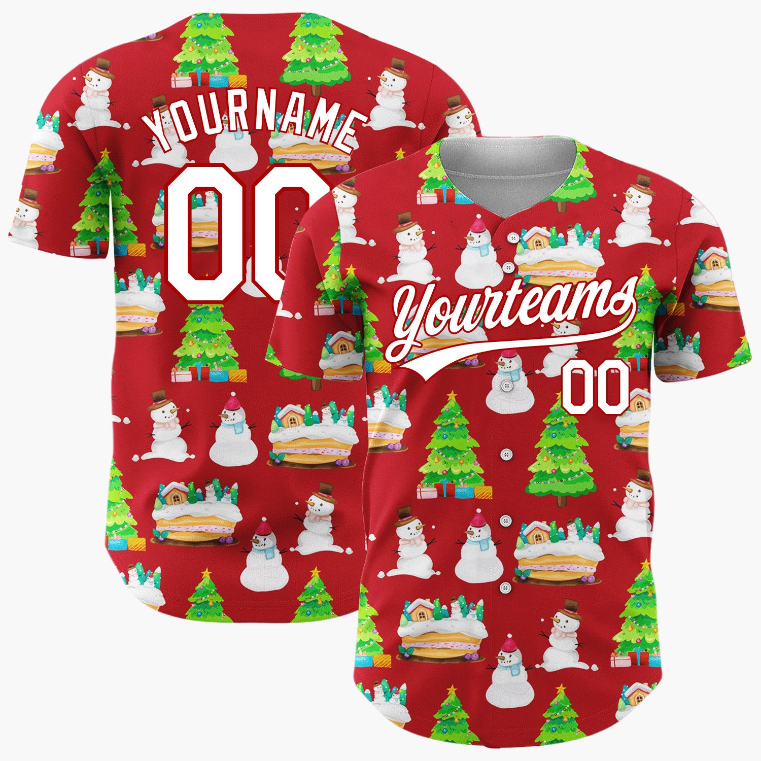 Custom Red Snowman And Cake Whimsical Illustration Pattern Christmas Baseball Jersey