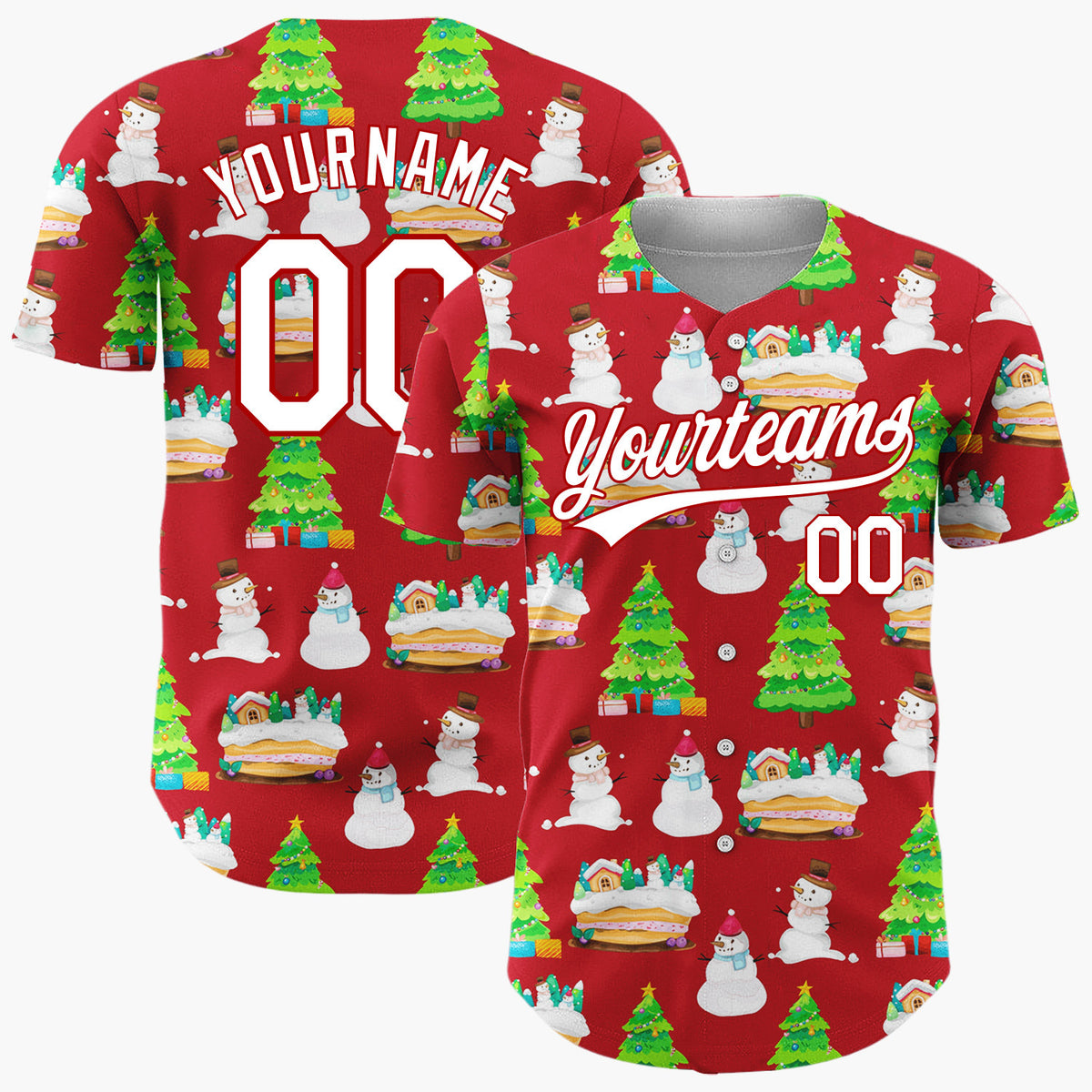 Custom Red Snowman And Cake Whimsical Illustration Pattern Christmas Baseball Jersey