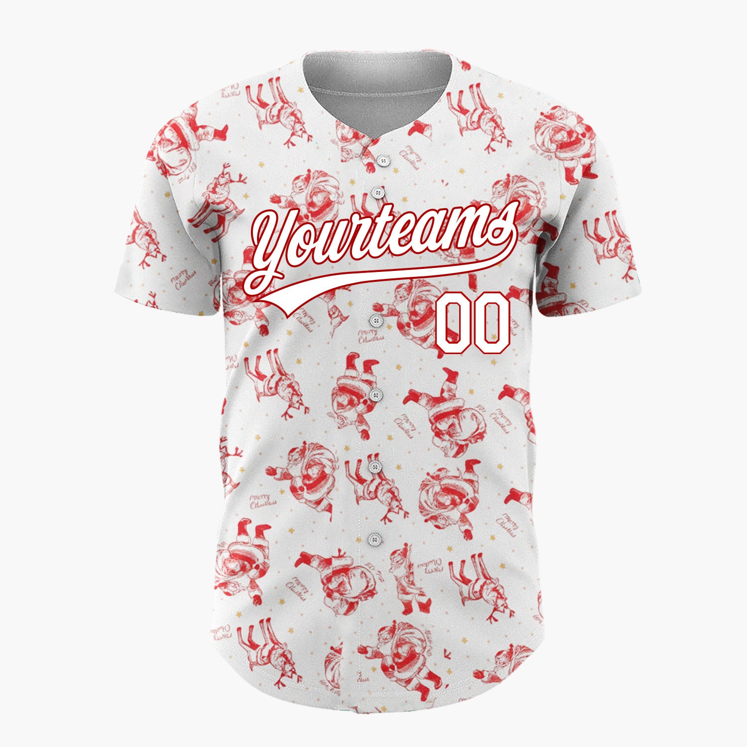Custom Red White Santa Claus And Reindeers Merry Christmas Baseball Jersey