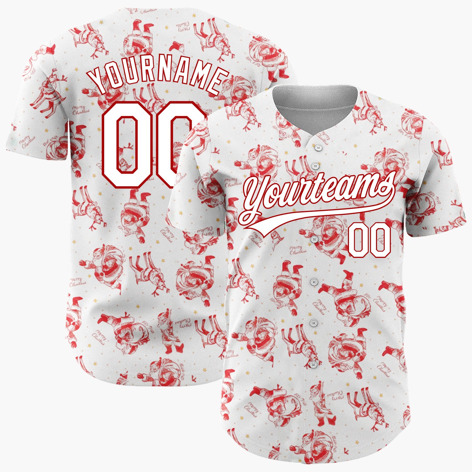 Custom Red White Santa Claus And Reindeers Merry Christmas Baseball Jersey