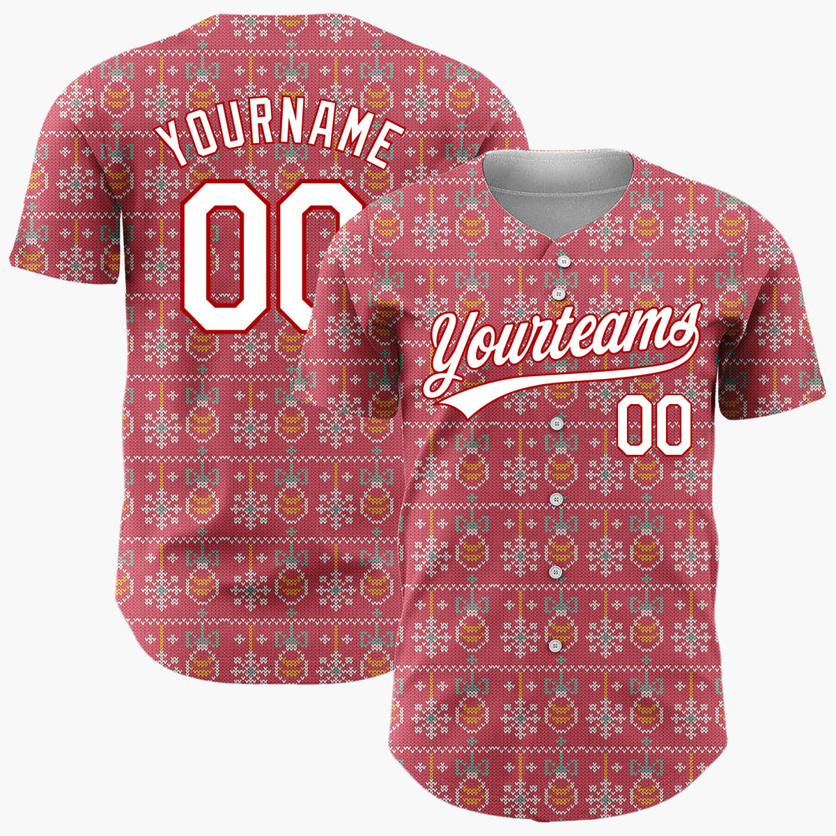 Custom Red White Baubles Snowflakes And Bows Knitted Christmas Baseball Jersey