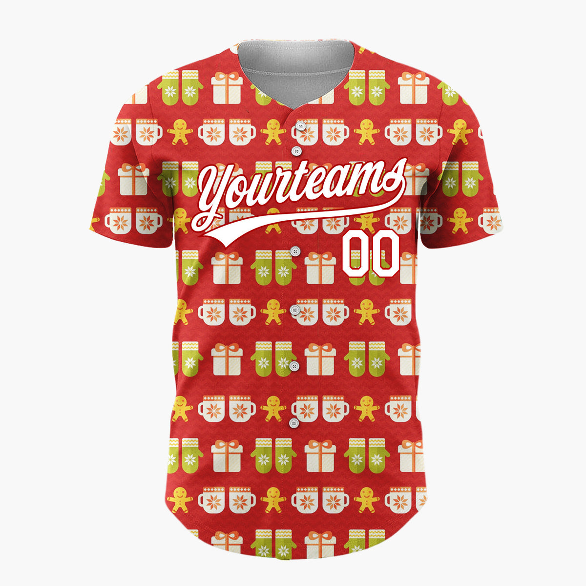Custom Red Green Gingerbread Man Mitten Mug Striped Pattern Christmas Baseball Jersey