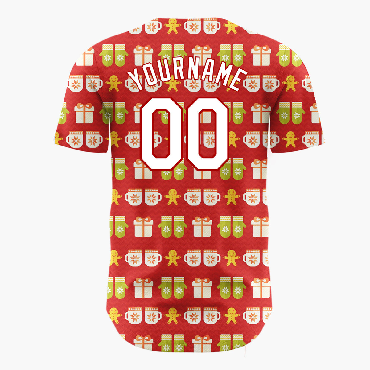 Custom Red Green Gingerbread Man Mitten Mug Striped Pattern Christmas Baseball Jersey
