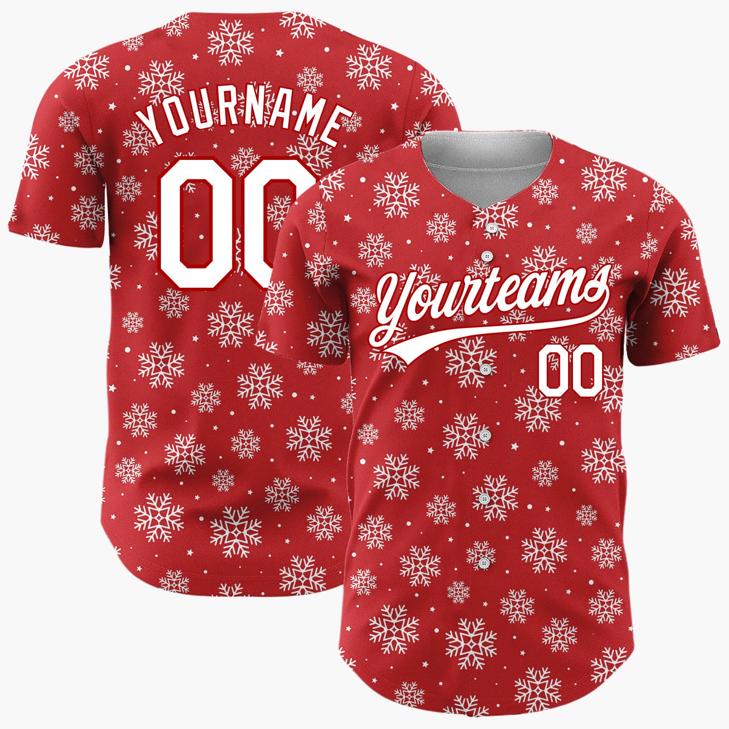 Custom Red White Scattered Snowflakes Stars Winter Pattern Christmas Baseball Jersey