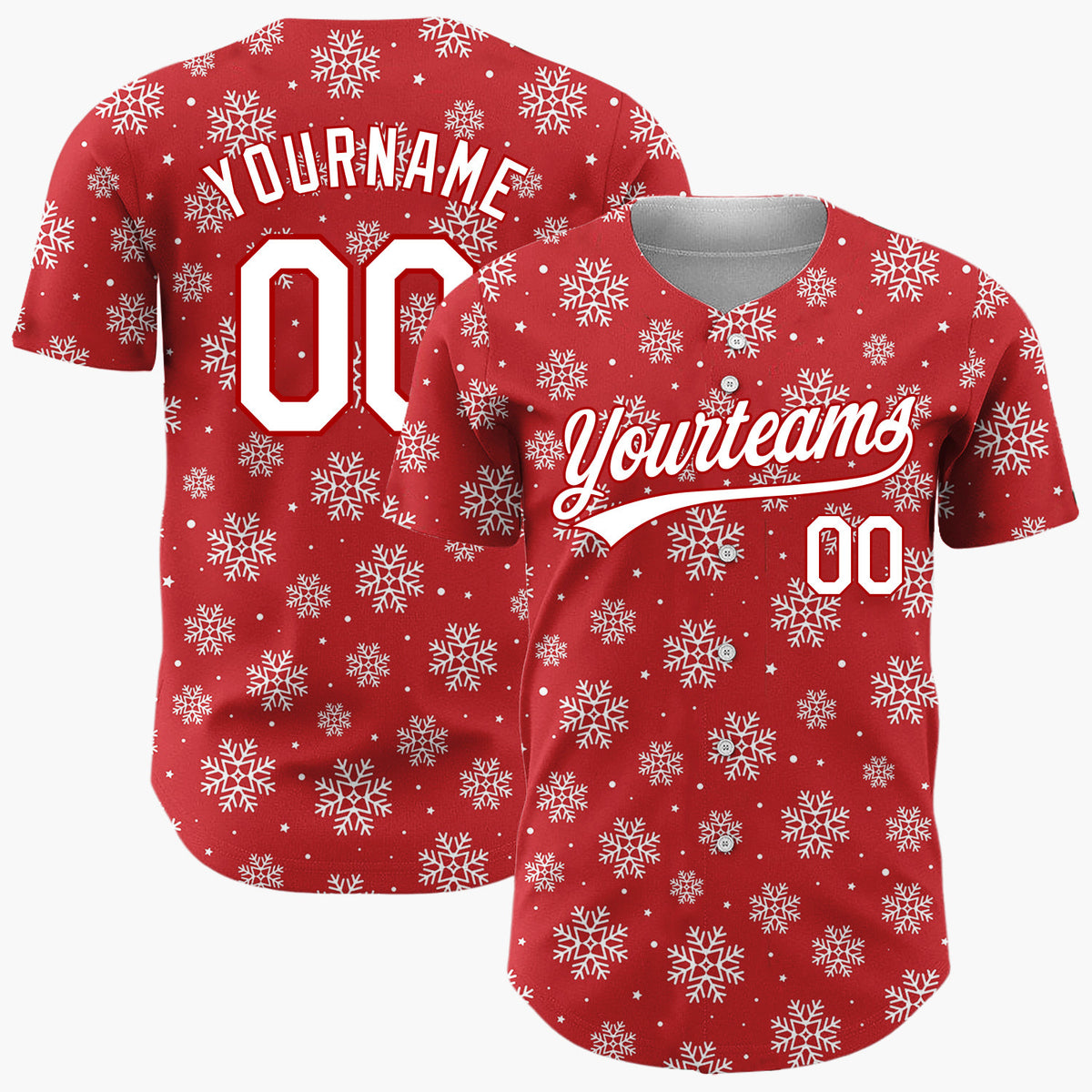 Custom Red White Scattered Snowflakes Stars Winter Pattern Christmas Baseball Jersey