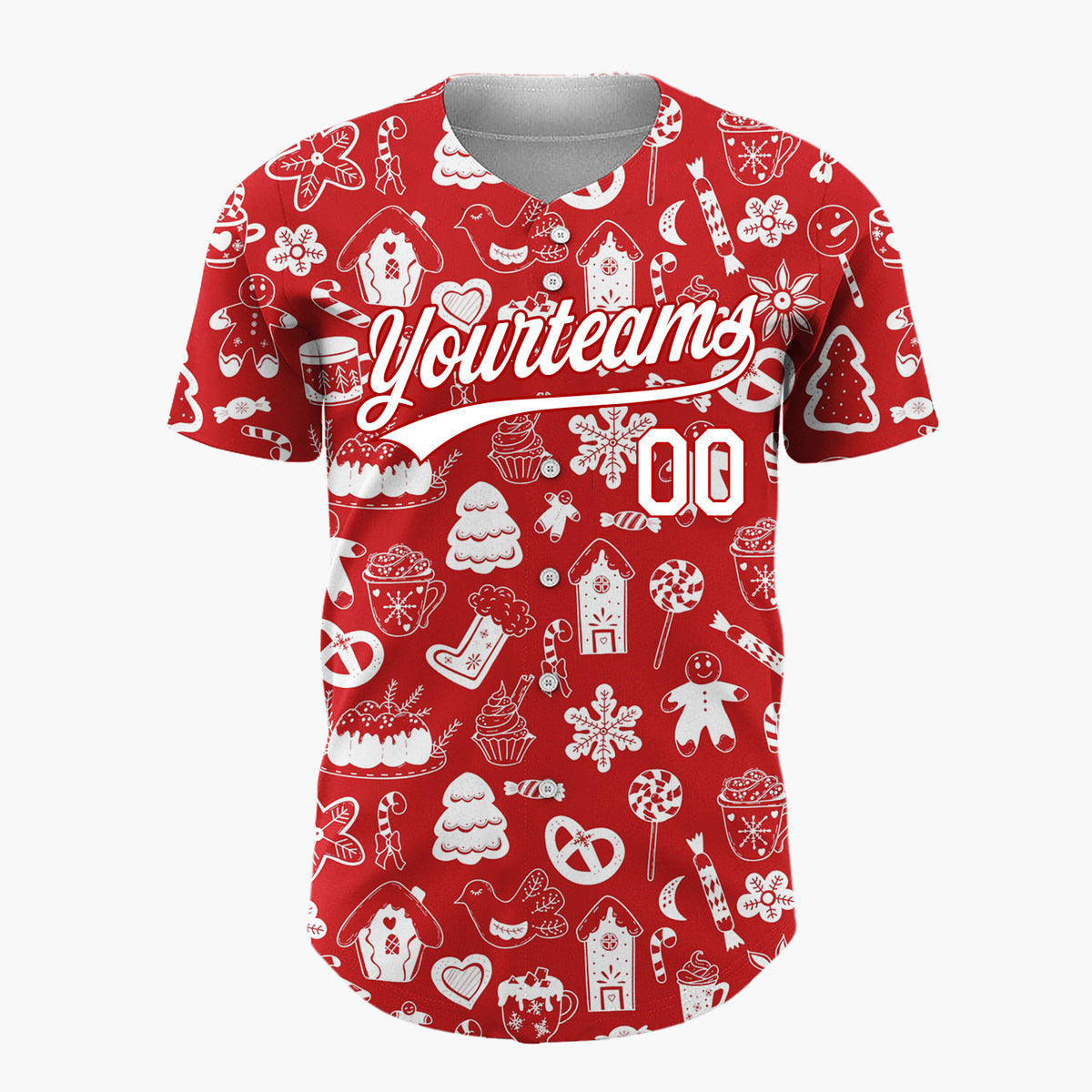 Custom Red White Holiday Treats Icons Doodle Pattern Christmas Baseball Jersey
