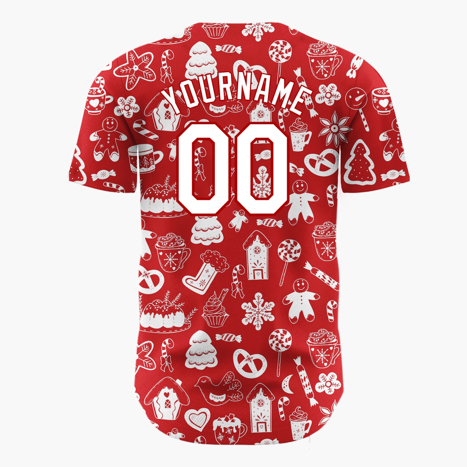 Custom Red White Holiday Treats Icons Doodle Pattern Christmas Baseball Jersey
