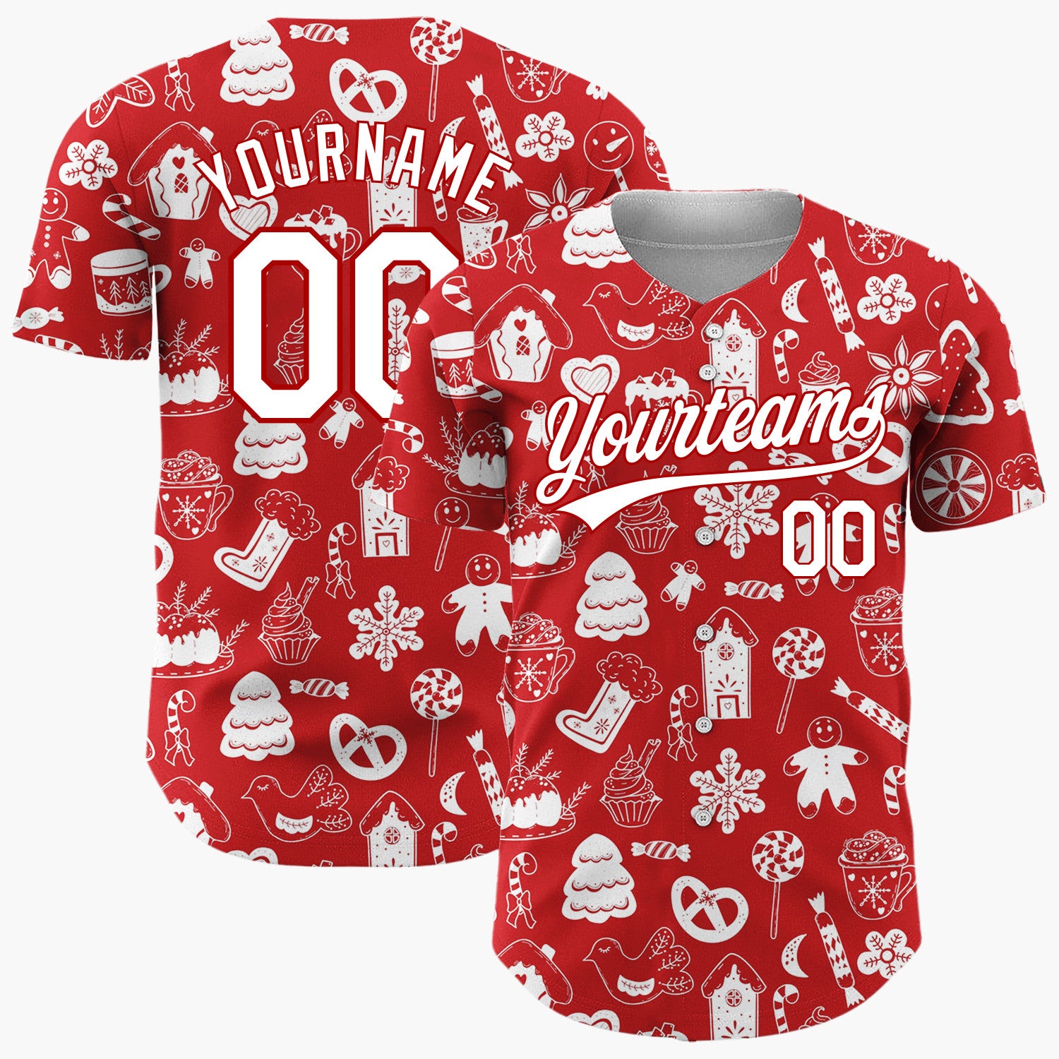 Custom Red White Holiday Treats Icons Doodle Pattern Christmas Baseball Jersey