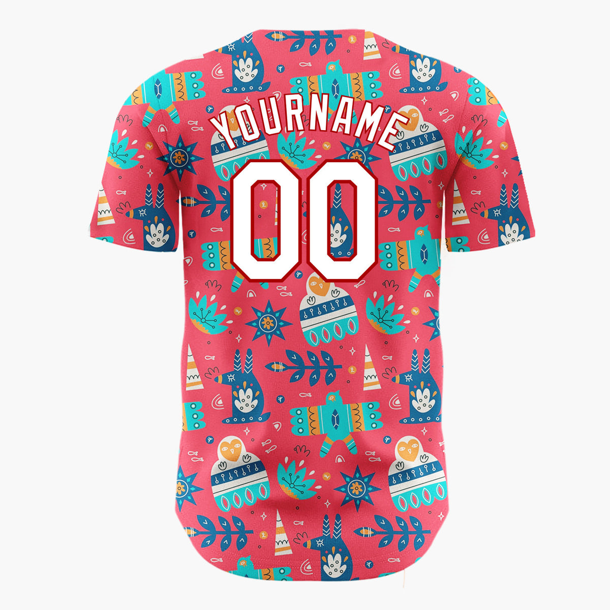 Custom Red Teal Folk Bird Star Abstract Christmas Baseball Jersey