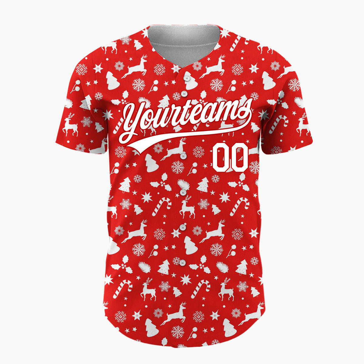 Custom Red Reindeer Candy Canes And Snowflakes Classic Christmas Baseball Jersey