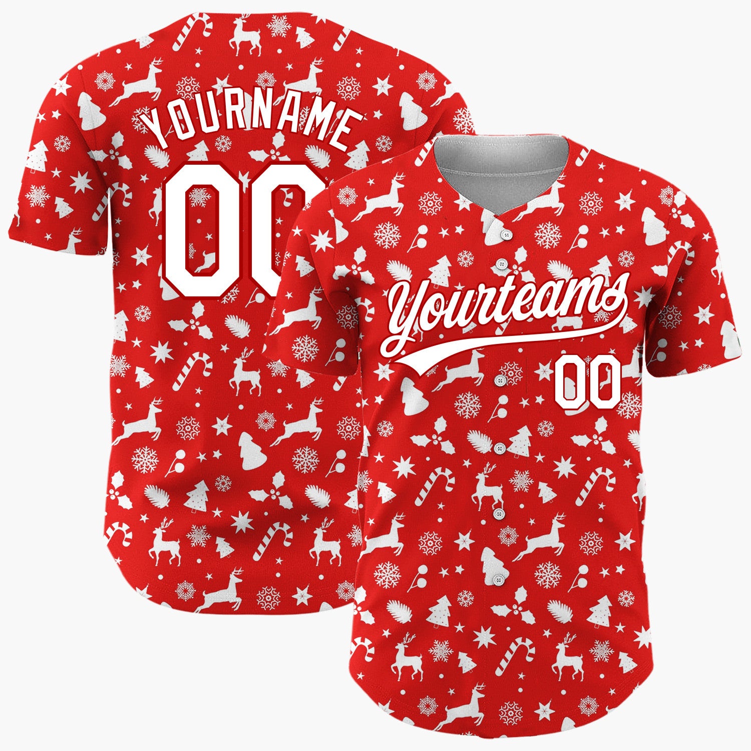 Custom Red Reindeer Candy Canes And Snowflakes Classic Christmas Baseball Jersey