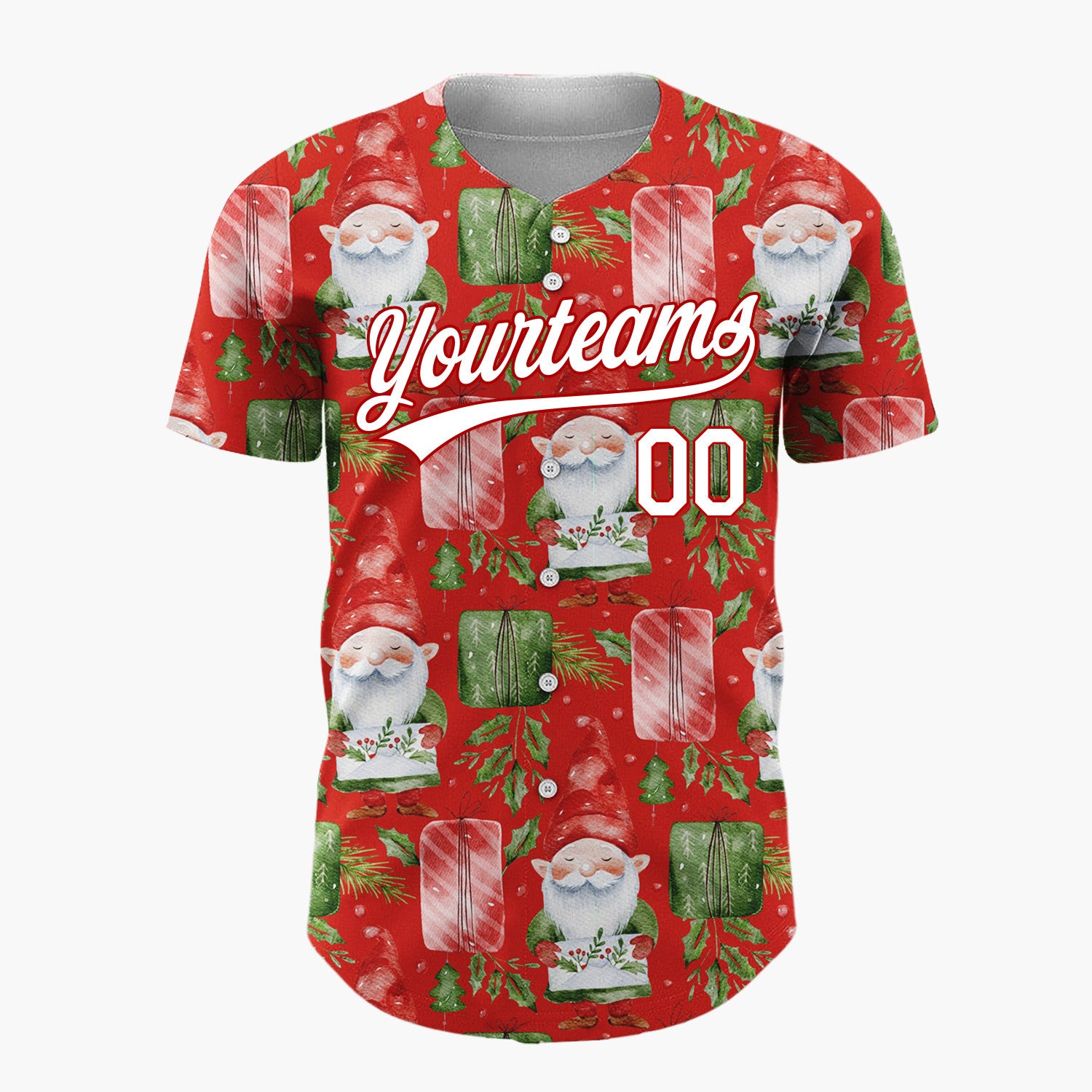 Custom Red Watercolor Gnomes Gifts Festive Illustration Pattern Christmas Baseball Jersey