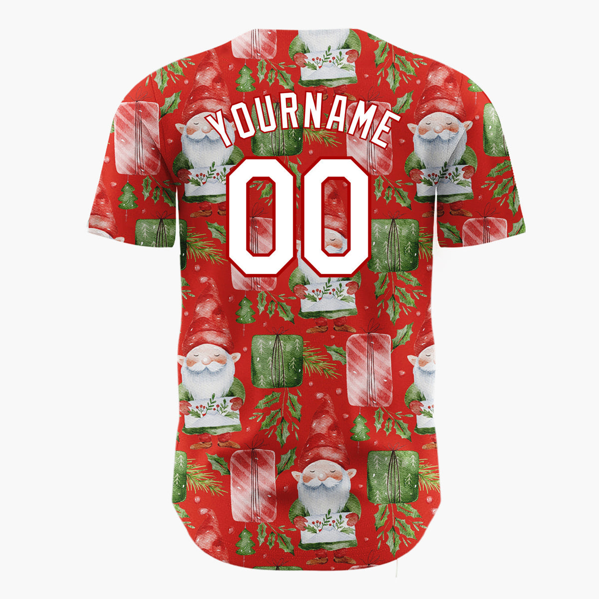 Custom Red Watercolor Gnomes Gifts Festive Illustration Pattern Christmas Baseball Jersey