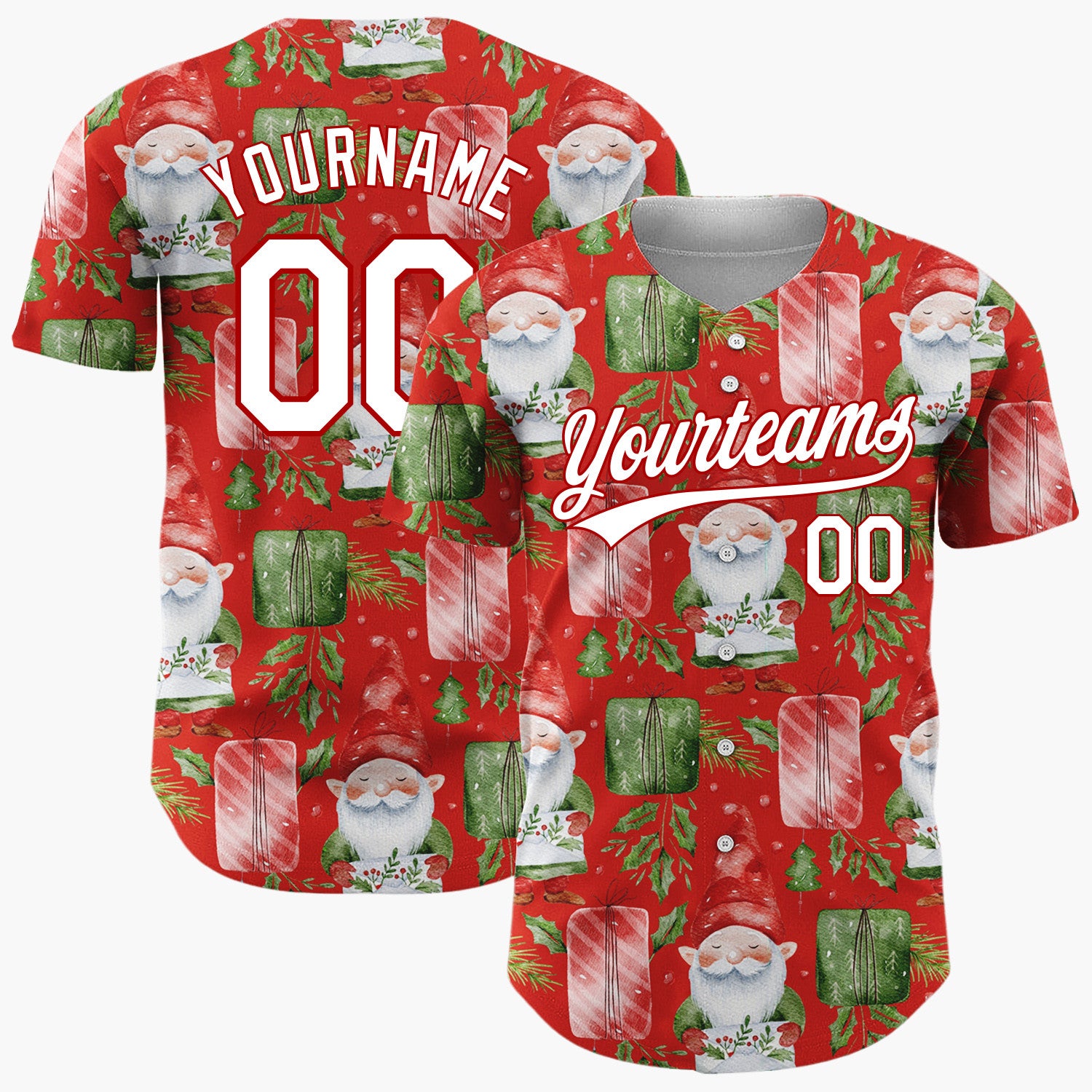 Custom Red Watercolor Gnomes Gifts Festive Illustration Pattern Christmas Baseball Jersey