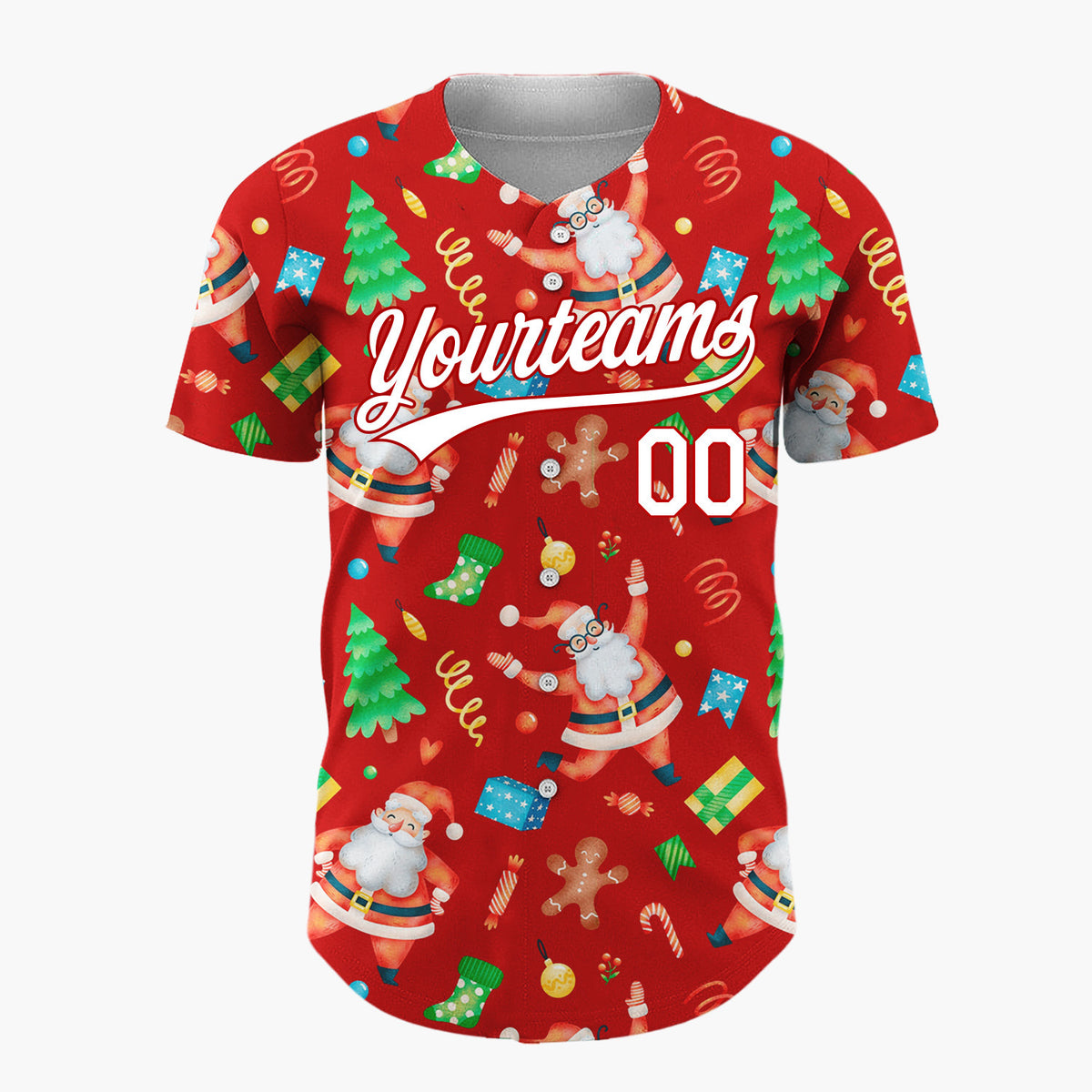 Custom Red Santa Gingerbread And Tree Watercolor Cartoon Pattern Christmas Baseball Jersey