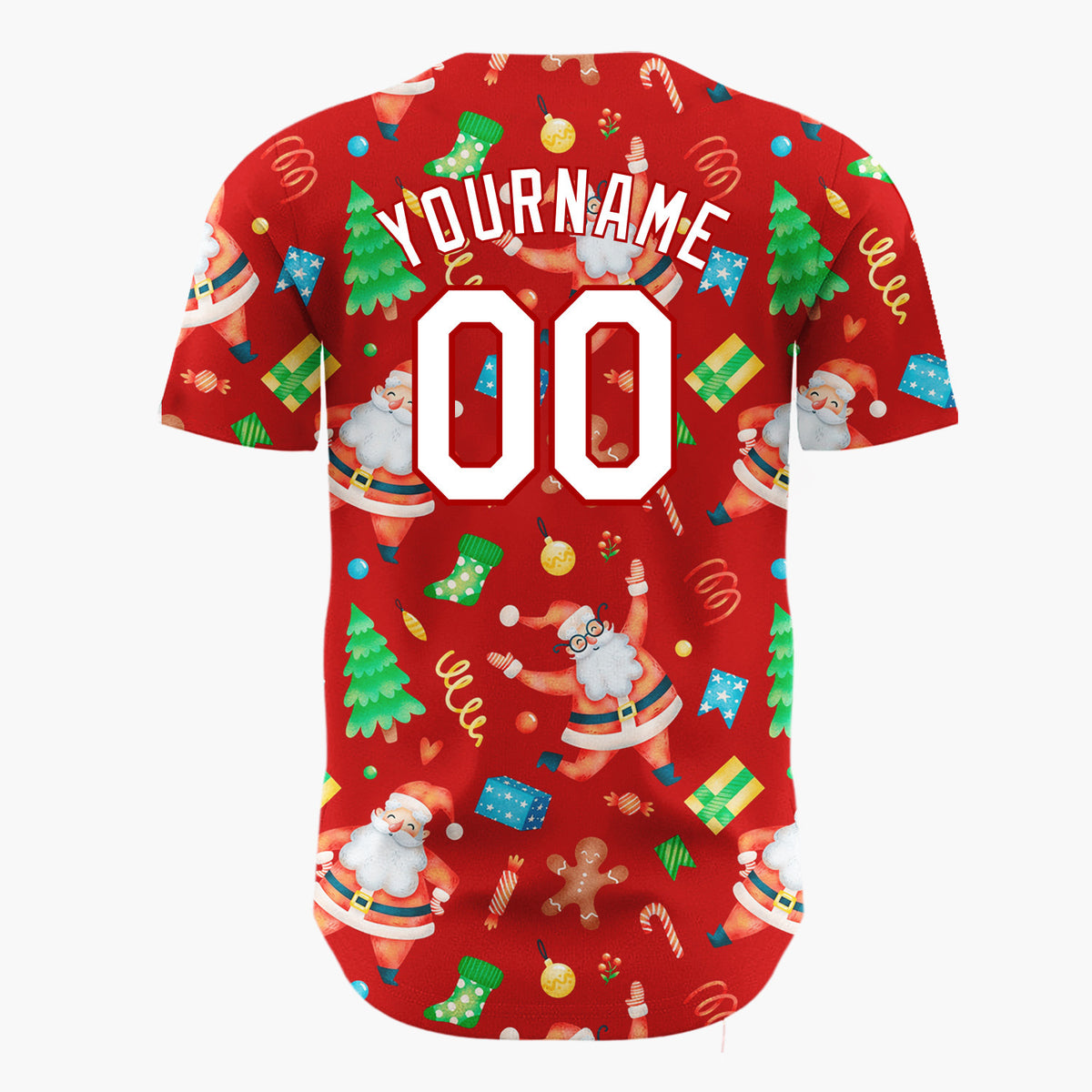 Custom Red Santa Gingerbread And Tree Watercolor Cartoon Pattern Christmas Baseball Jersey
