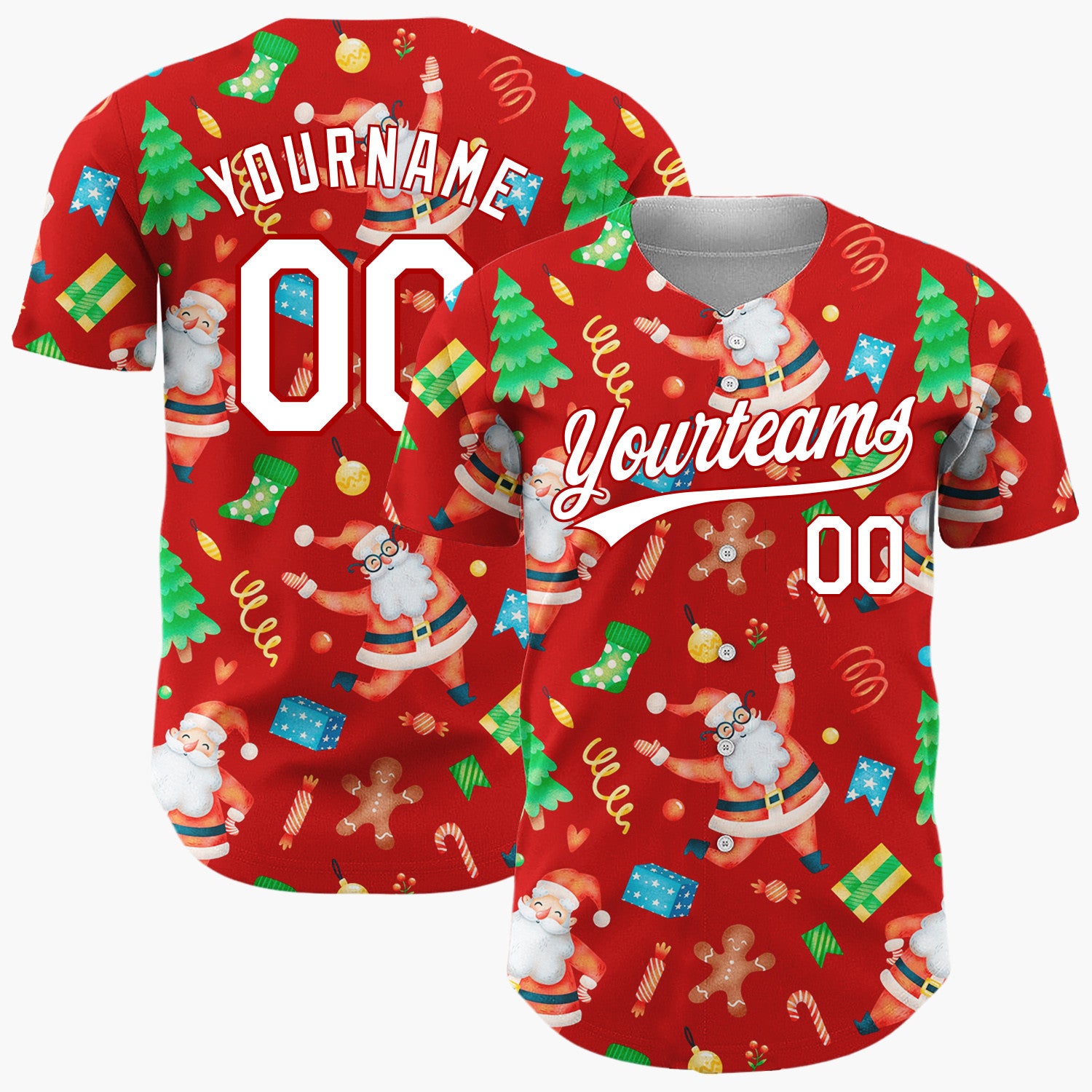 Custom Red Santa Gingerbread And Tree Watercolor Cartoon Pattern Christmas Baseball Jersey