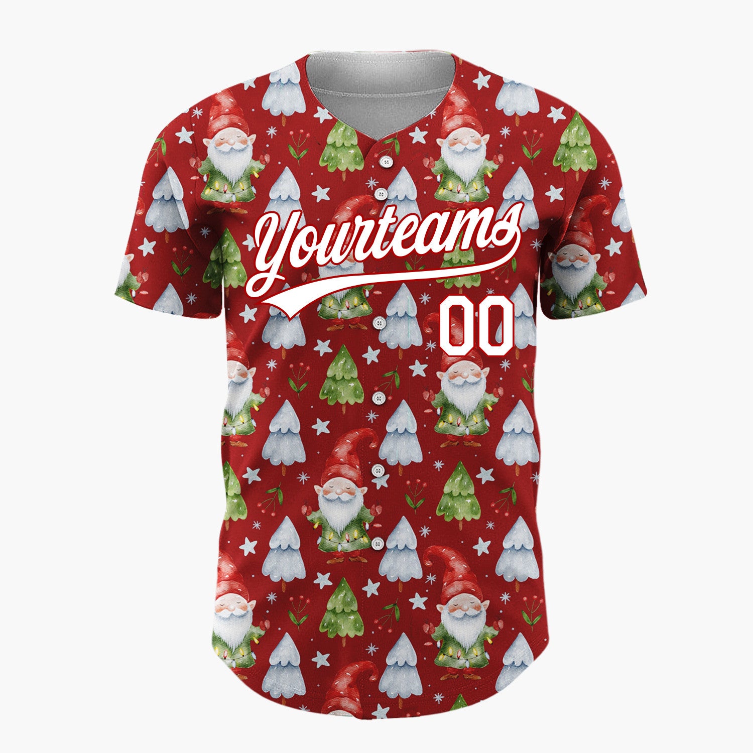 Custom Red Gnomes And Christmas Trees Watercolor Christmas Baseball Jersey