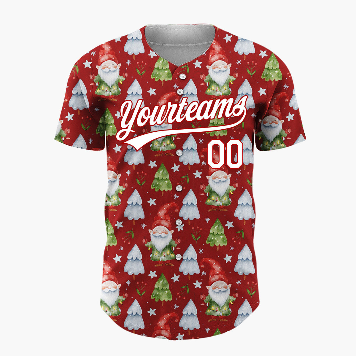 Custom Red Gnomes And Christmas Trees Watercolor Christmas Baseball Jersey
