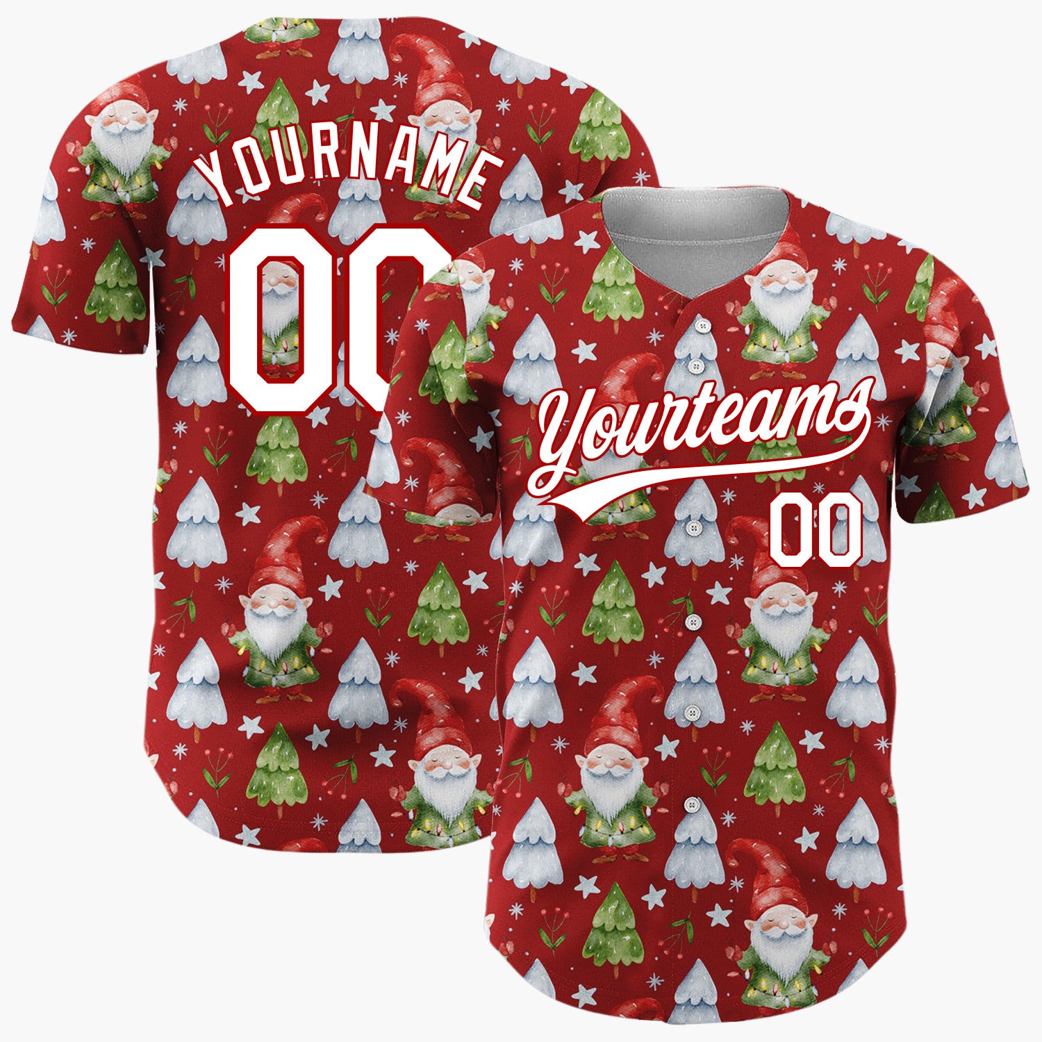 Custom Red Gnomes And Christmas Trees Watercolor Christmas Baseball Jersey