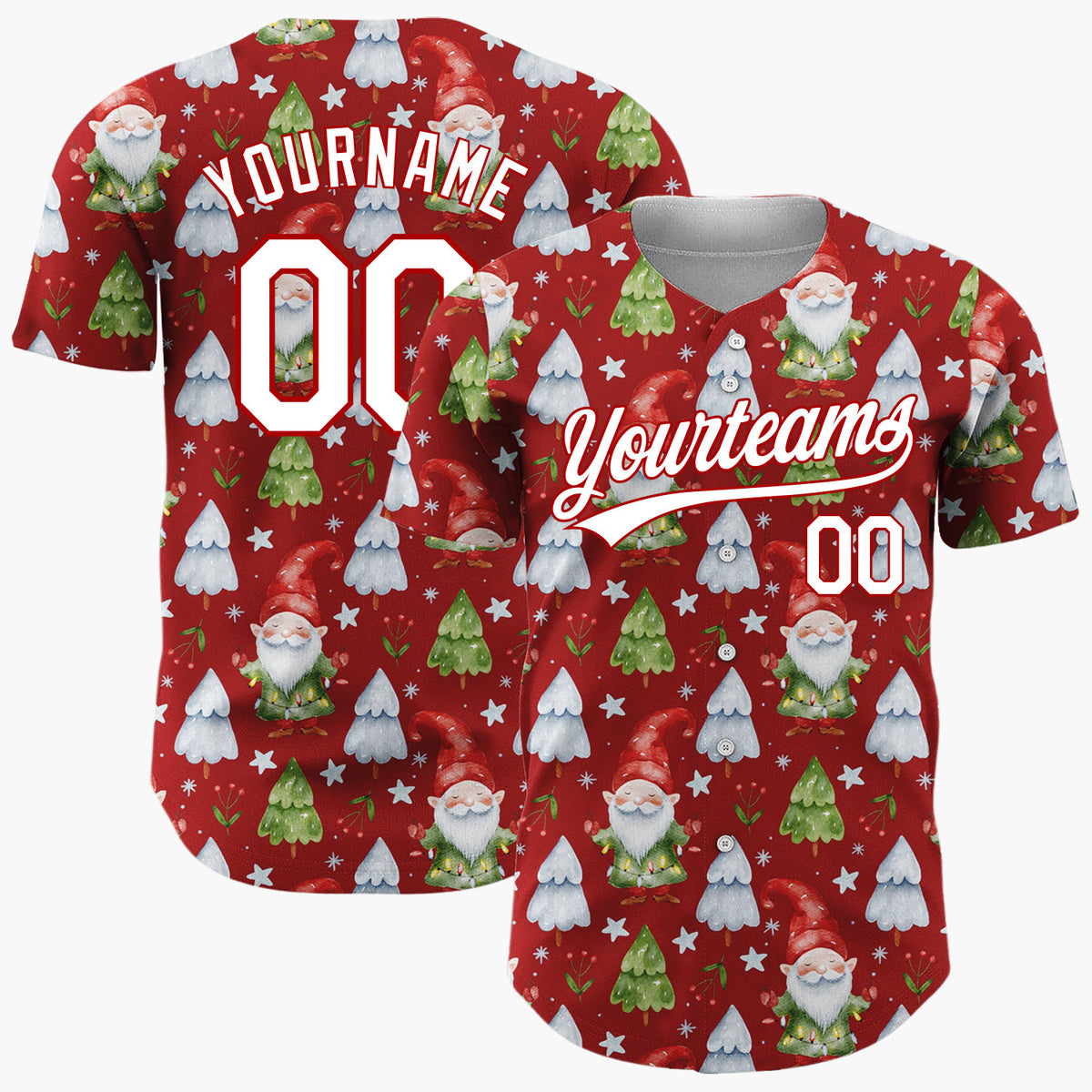 Custom Red Gnomes And Christmas Trees Watercolor Christmas Baseball Jersey