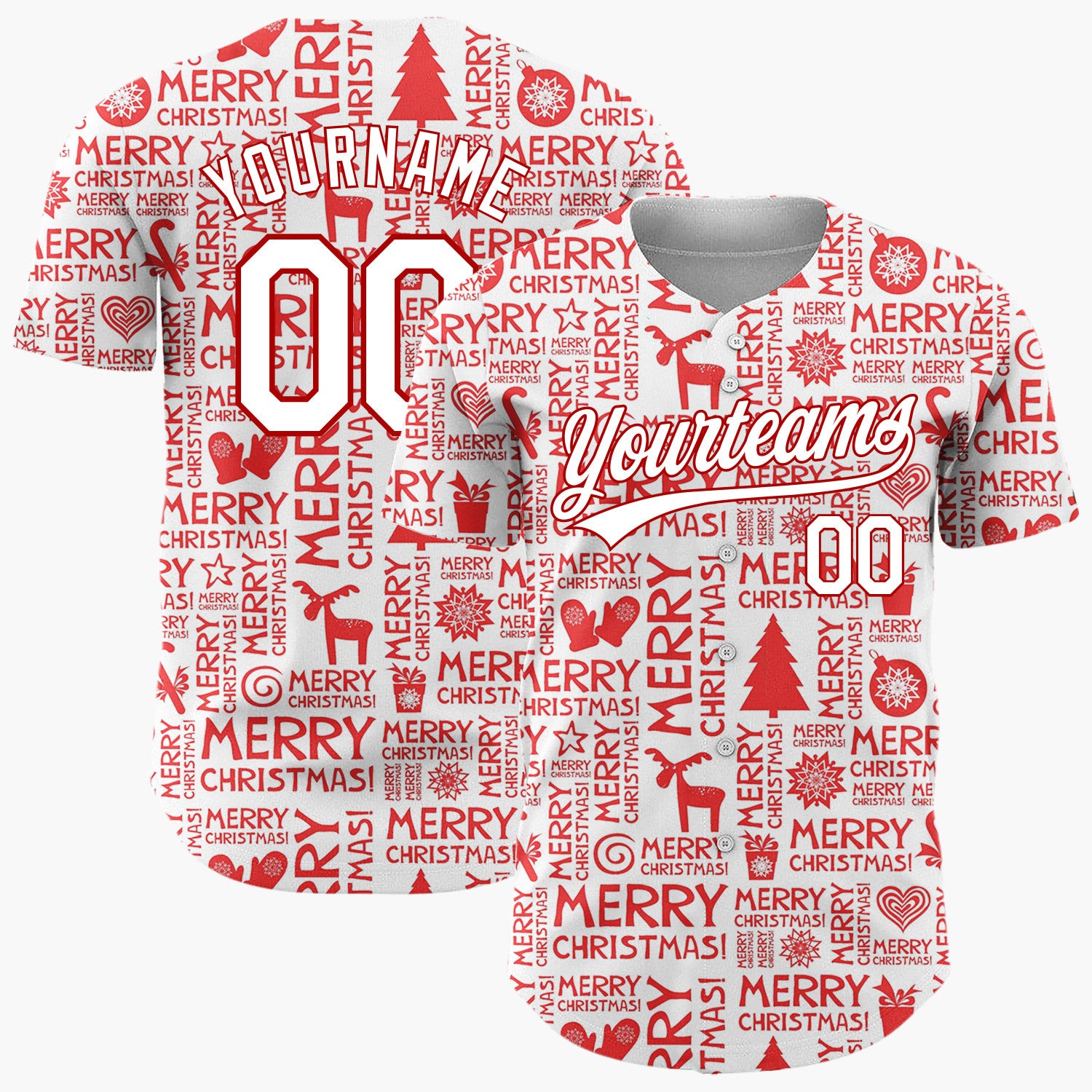 Custom Red Merry Christmas Icons Typographic Graphic Christmas Baseball Jersey