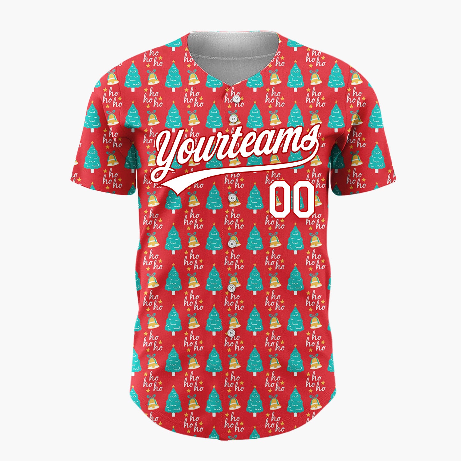 Custom Red Christmas Trees And Bells Festive Holiday Pattern Christmas Baseball Jersey