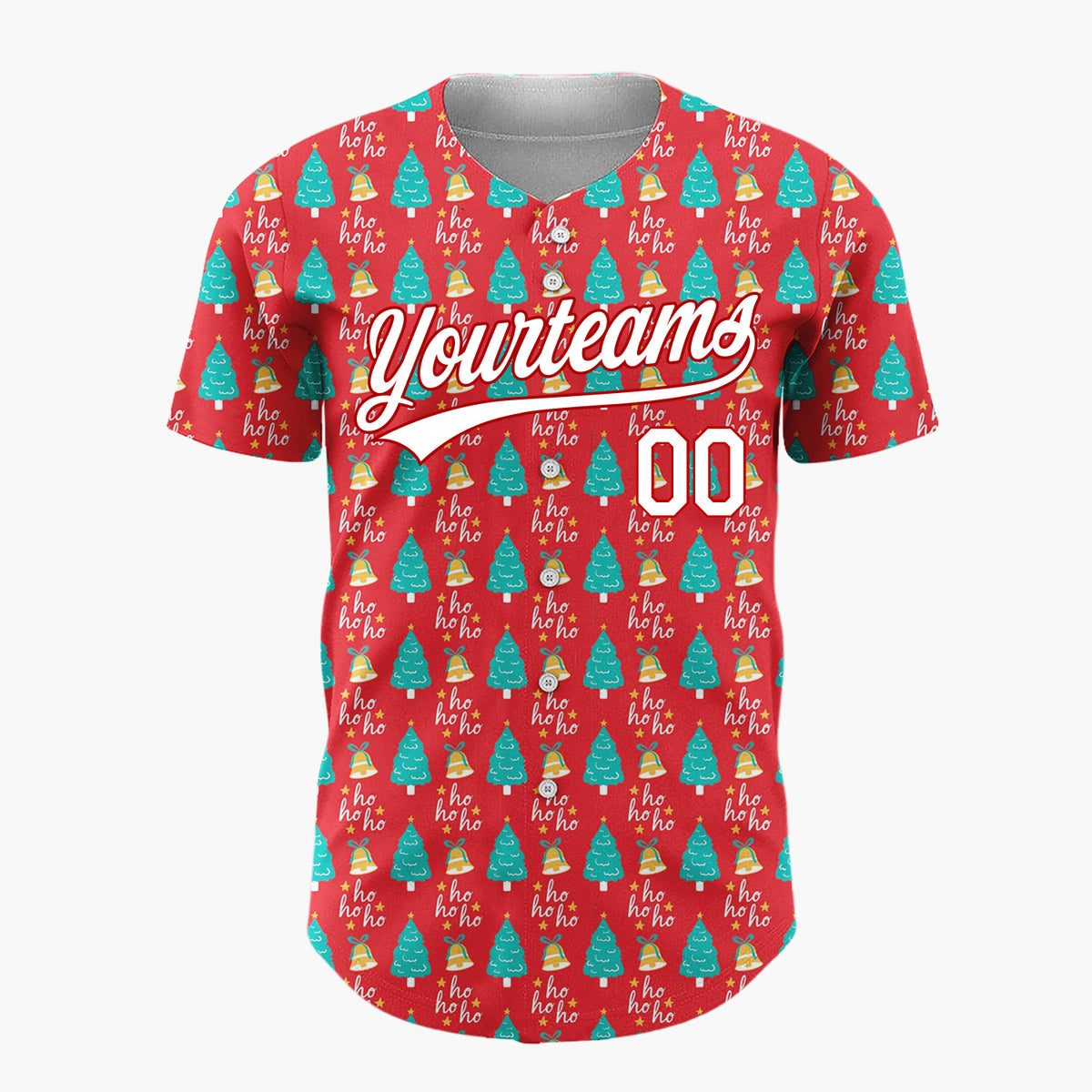 Custom Red Christmas Trees And Bells Festive Holiday Pattern Christmas Baseball Jersey