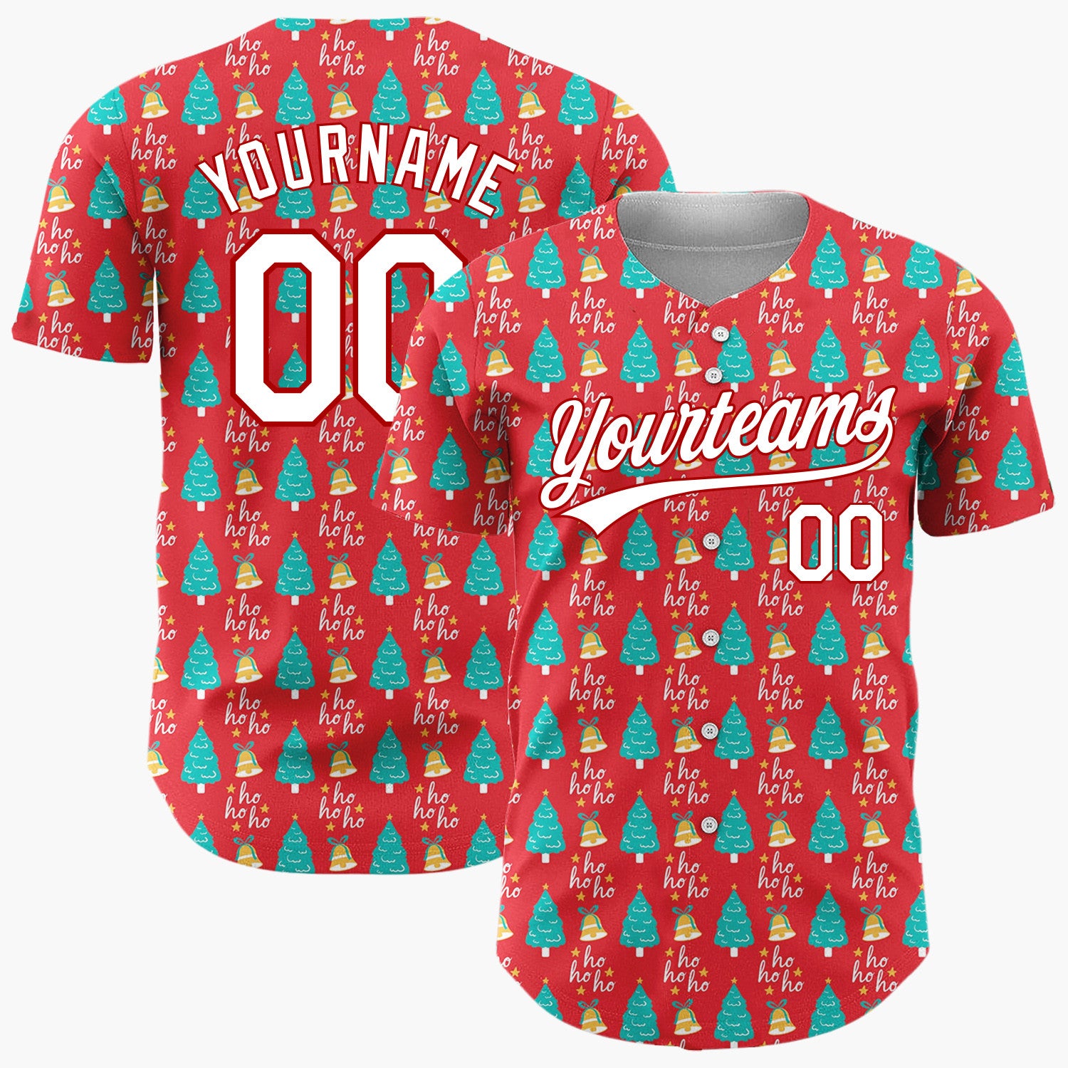 Custom Red Christmas Trees And Bells Festive Holiday Pattern Christmas Baseball Jersey