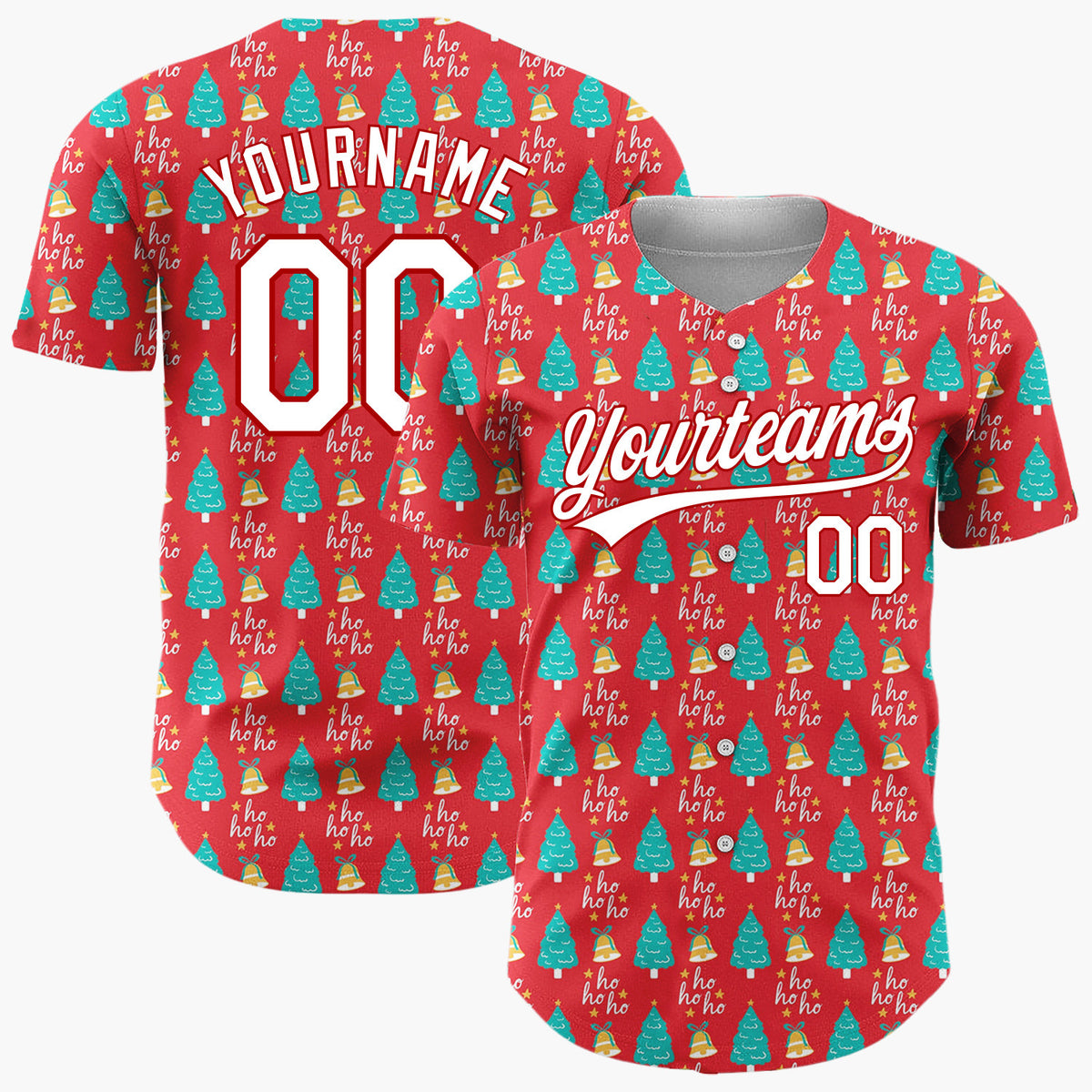 Custom Red Christmas Trees And Bells Festive Holiday Pattern Christmas Baseball Jersey