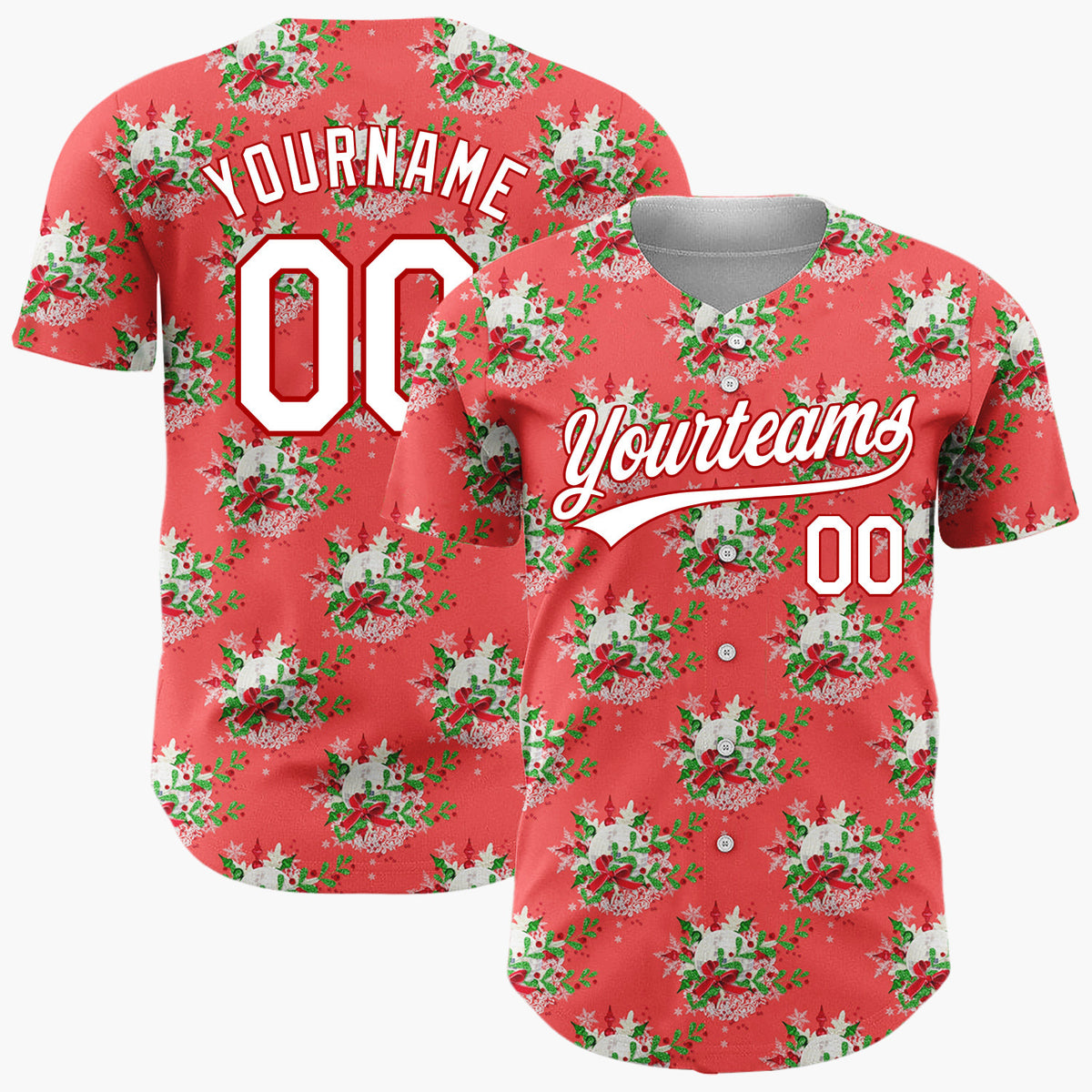 Custom Red Christmas Wreath Festive Foliage Pattern Christmas Baseball Jersey