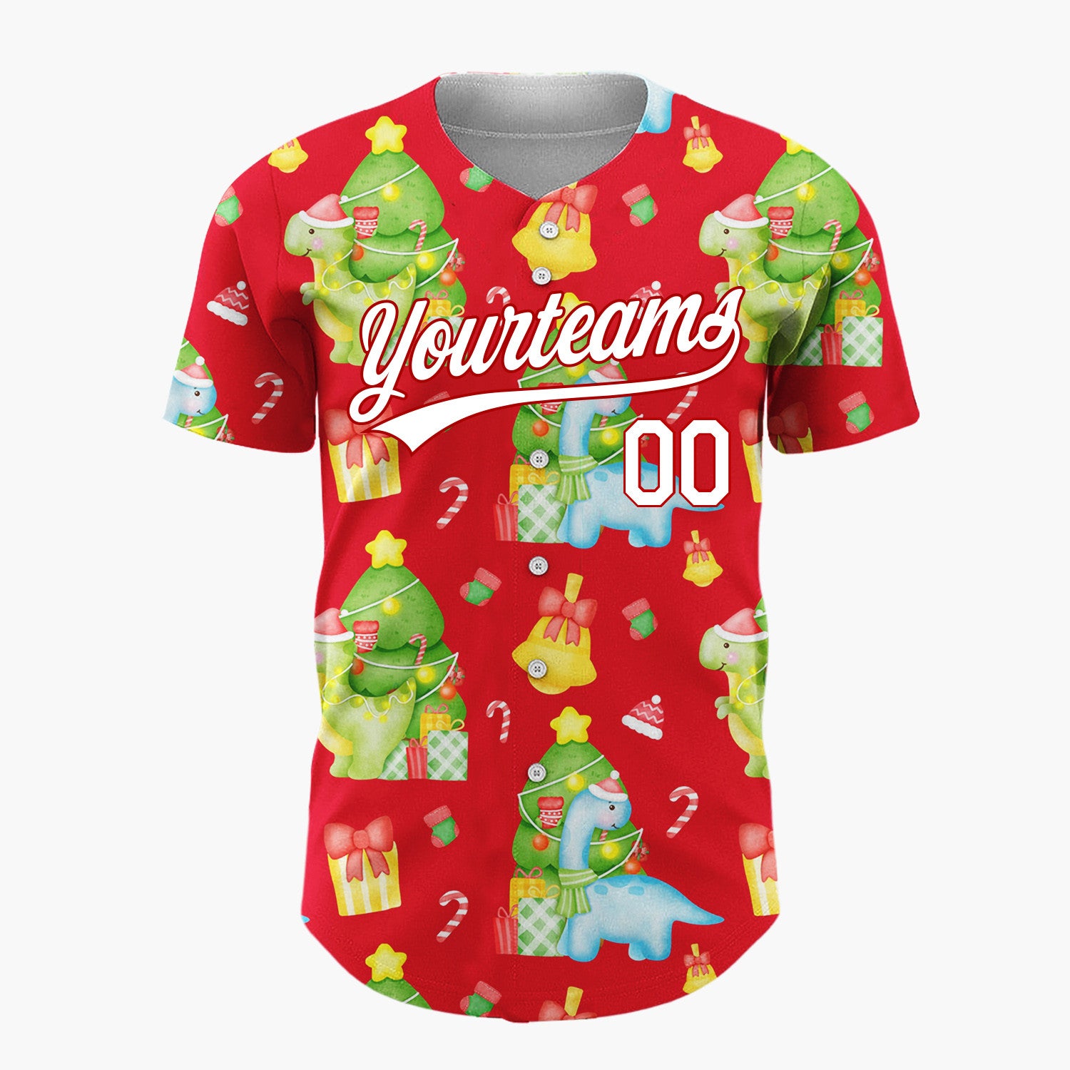 Custom Red Watercolor Christmas Dinosaurs Cute Whimsical Pattern Christmas Baseball Jersey