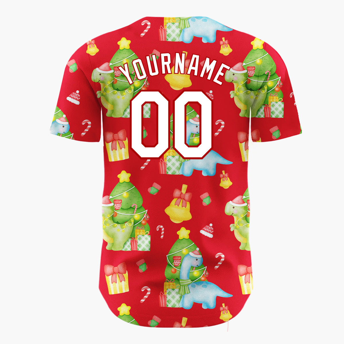 Custom Red Watercolor Christmas Dinosaurs Cute Whimsical Pattern Christmas Baseball Jersey