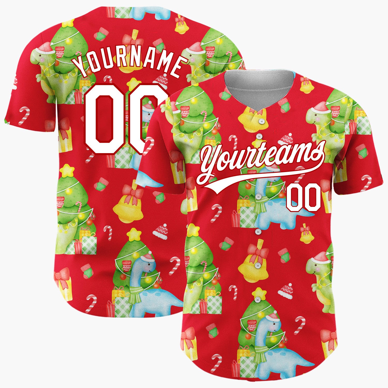 Custom Red Watercolor Christmas Dinosaurs Cute Whimsical Pattern Christmas Baseball Jersey