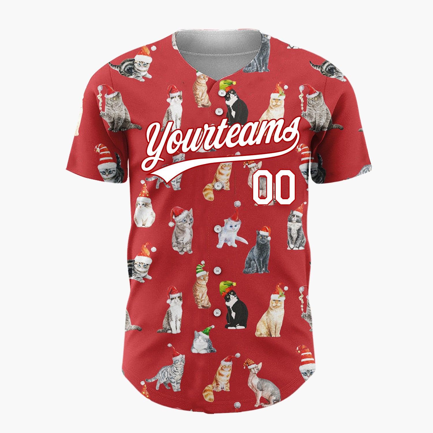 Custom Red Watercolor Cats In Santa Hats Whimsical Christmas Baseball Jersey