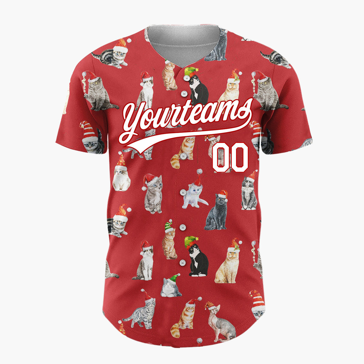 Custom Red Watercolor Cats In Santa Hats Whimsical Christmas Baseball Jersey