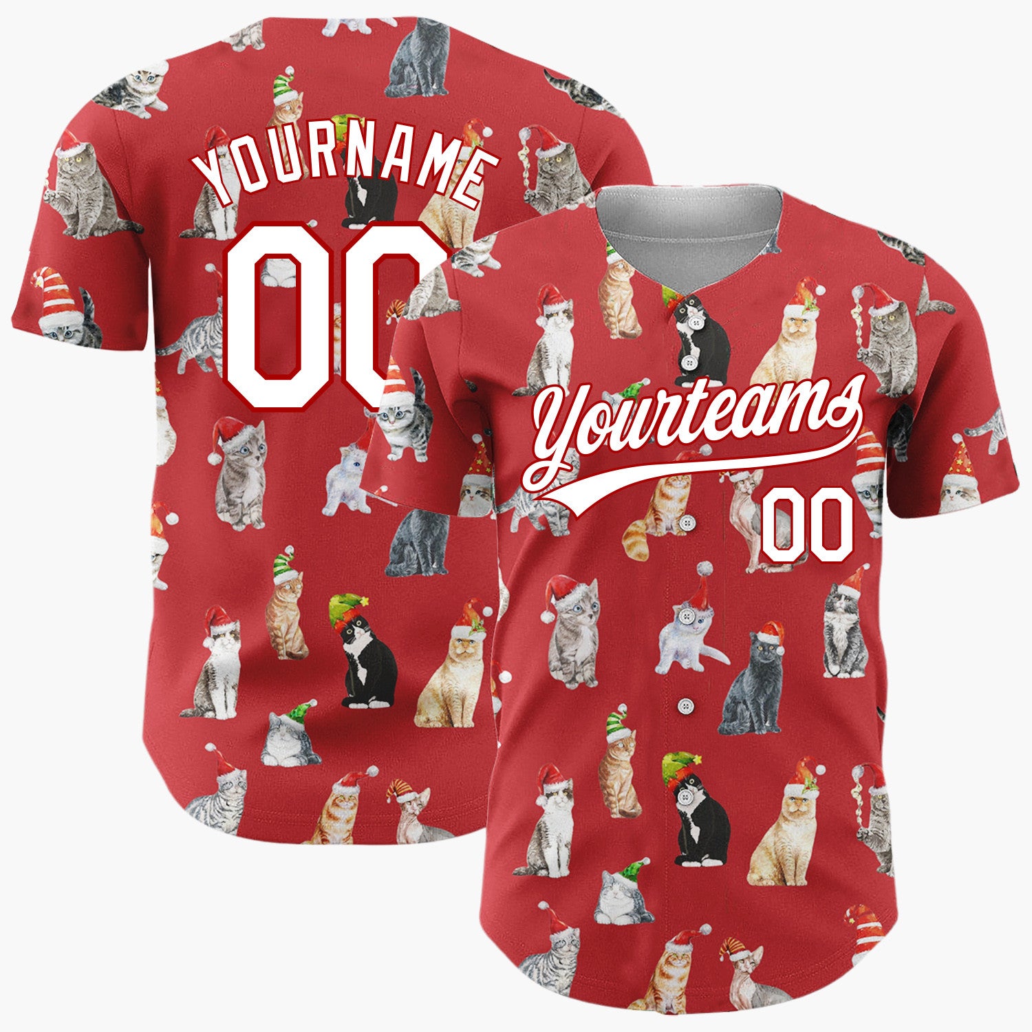 Custom Red Watercolor Cats In Santa Hats Whimsical Christmas Baseball Jersey