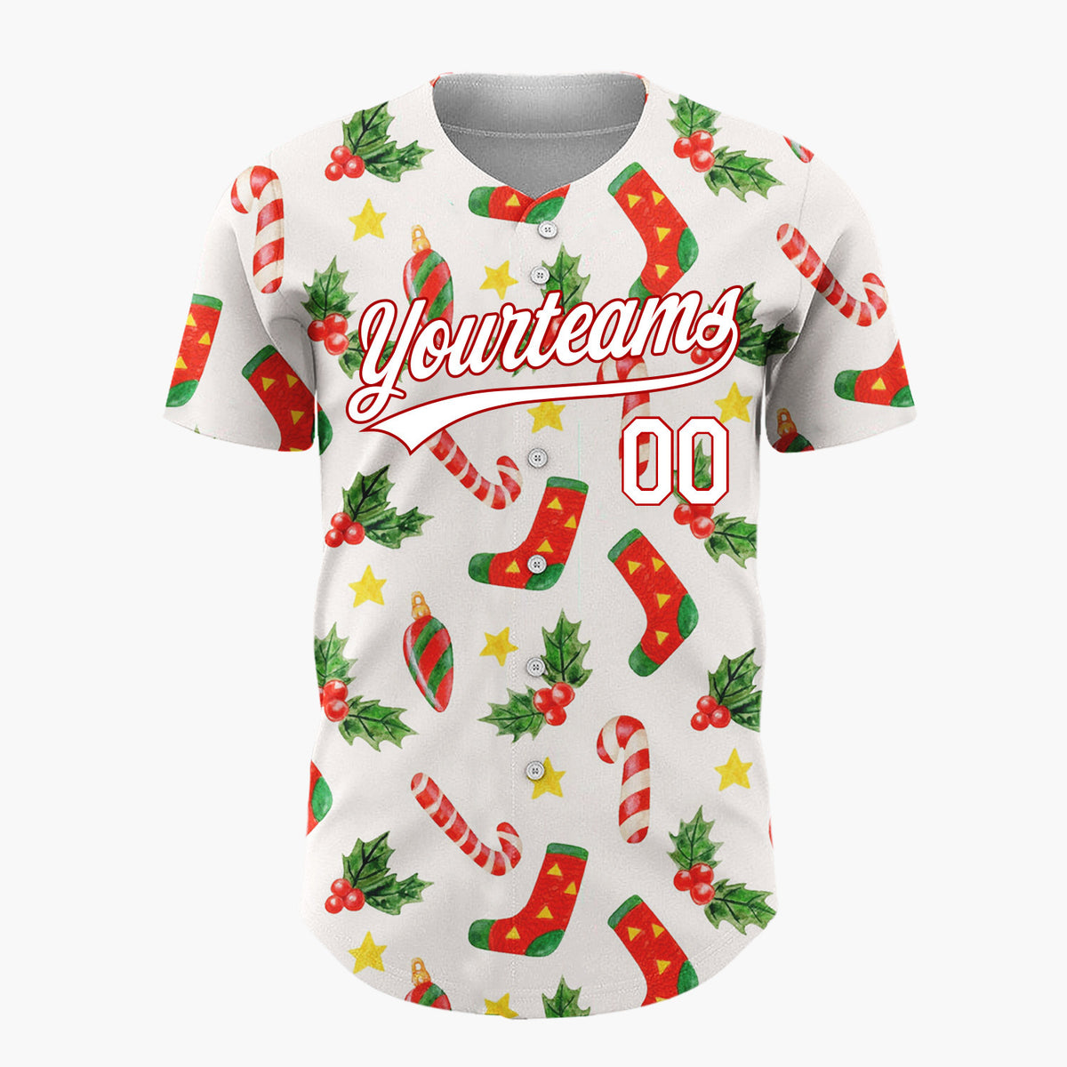 Custom Red Green Yellow Stockings Candy Canes And Holly Leaves Christmas Baseball Jersey