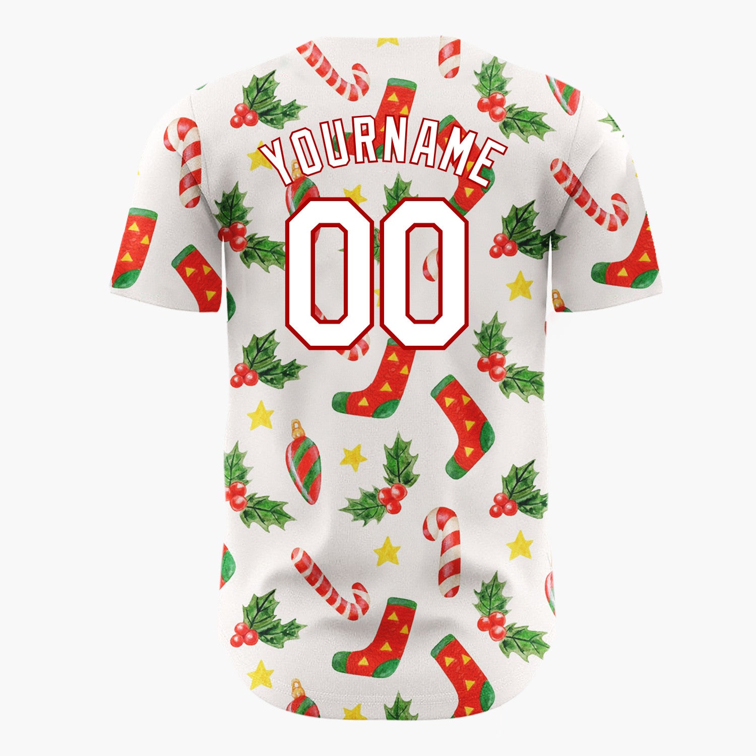 Custom Red Green Yellow Stockings Candy Canes And Holly Leaves Christmas Baseball Jersey