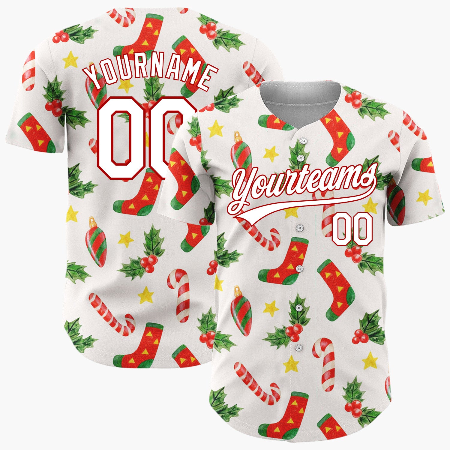 Custom Red Green Yellow Stockings Candy Canes And Holly Leaves Christmas Baseball Jersey