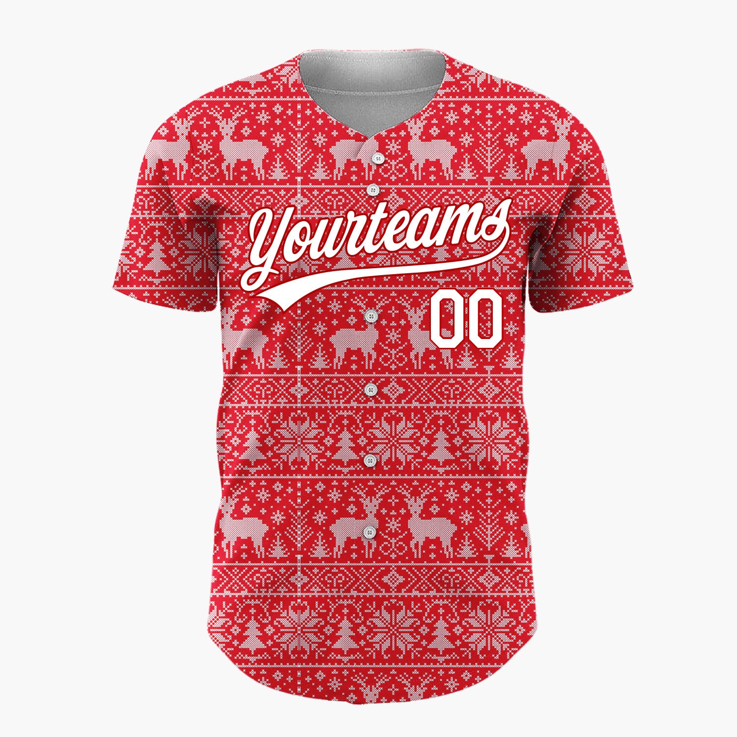 Custom Red White Reindeer Snowflake Bands Fair Isle Knitted Pattern Christmas Baseball Jersey