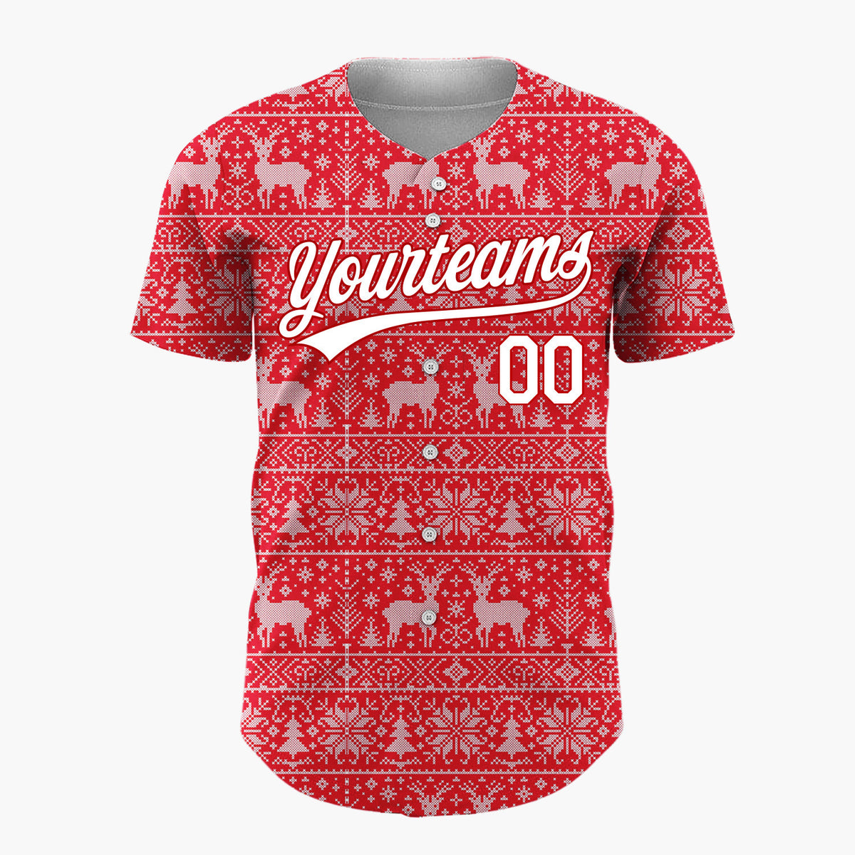 Custom Red White Reindeer Snowflake Bands Fair Isle Knitted Pattern Christmas Baseball Jersey